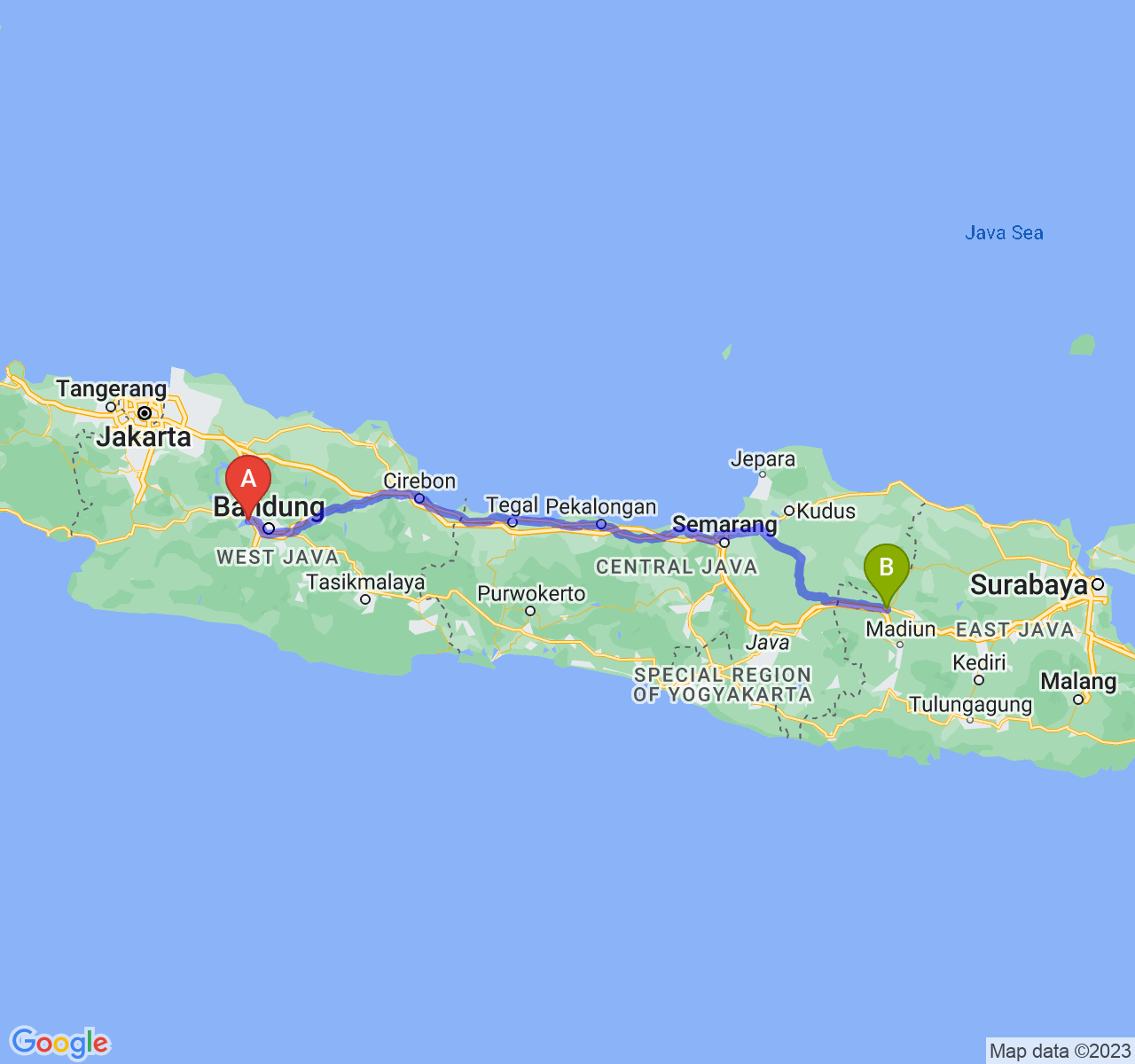 rute perjalanan Kab. Bandung Barat-Kab. Ngawi