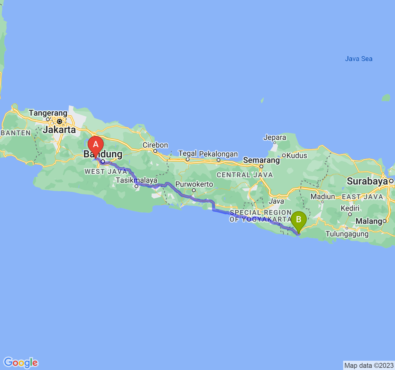 rute perjalanan Kab. Bandung Barat-Kab. Pacitan