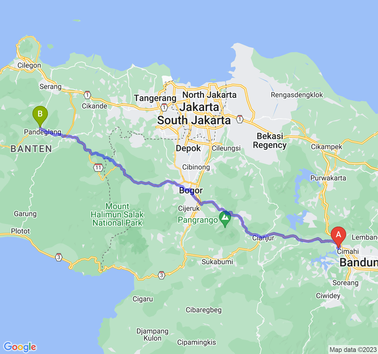 rute perjalanan Kab. Bandung Barat-Kab. Pandeglang