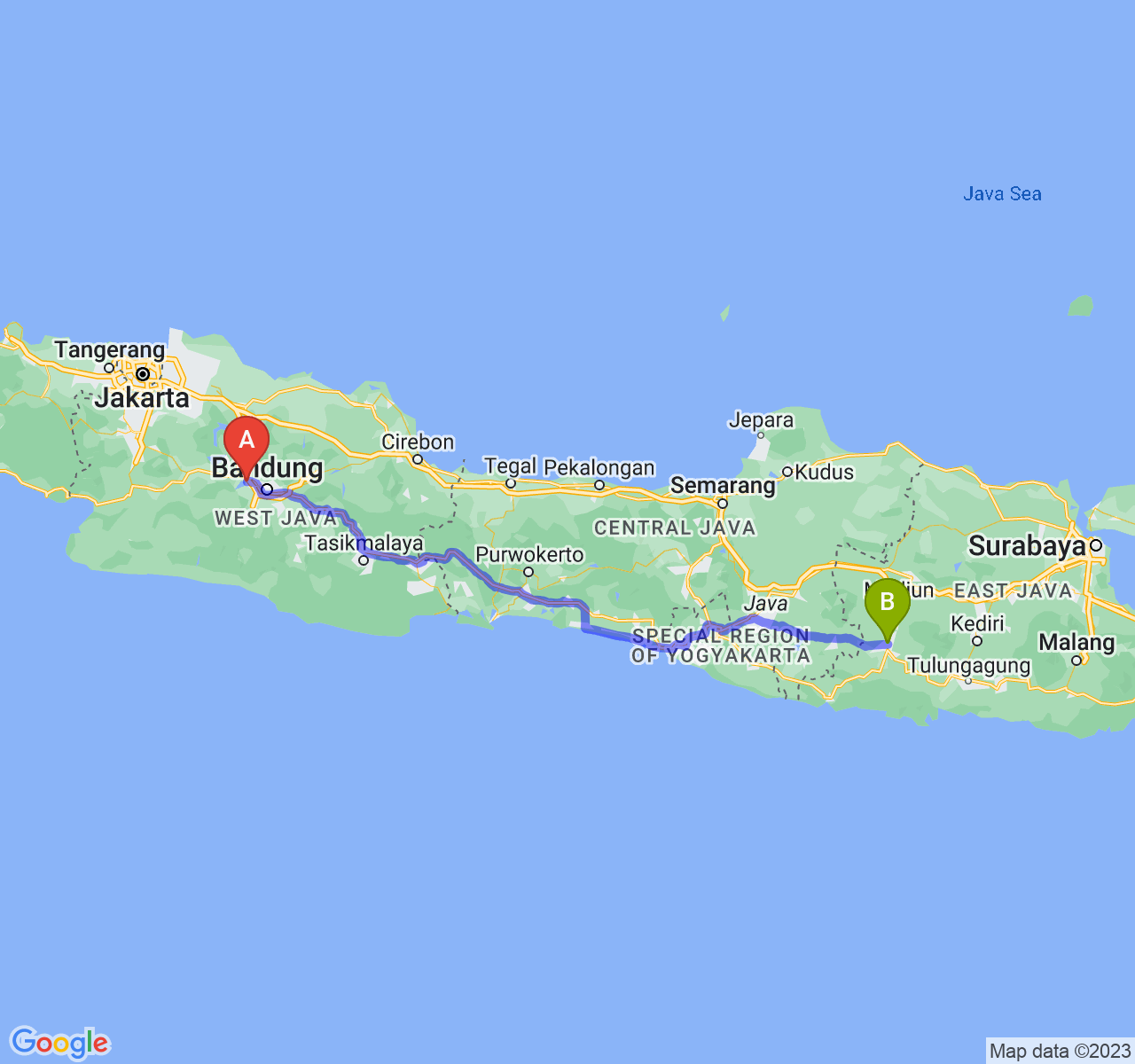 rute perjalanan Kab. Bandung Barat-Kab. Ponorogo