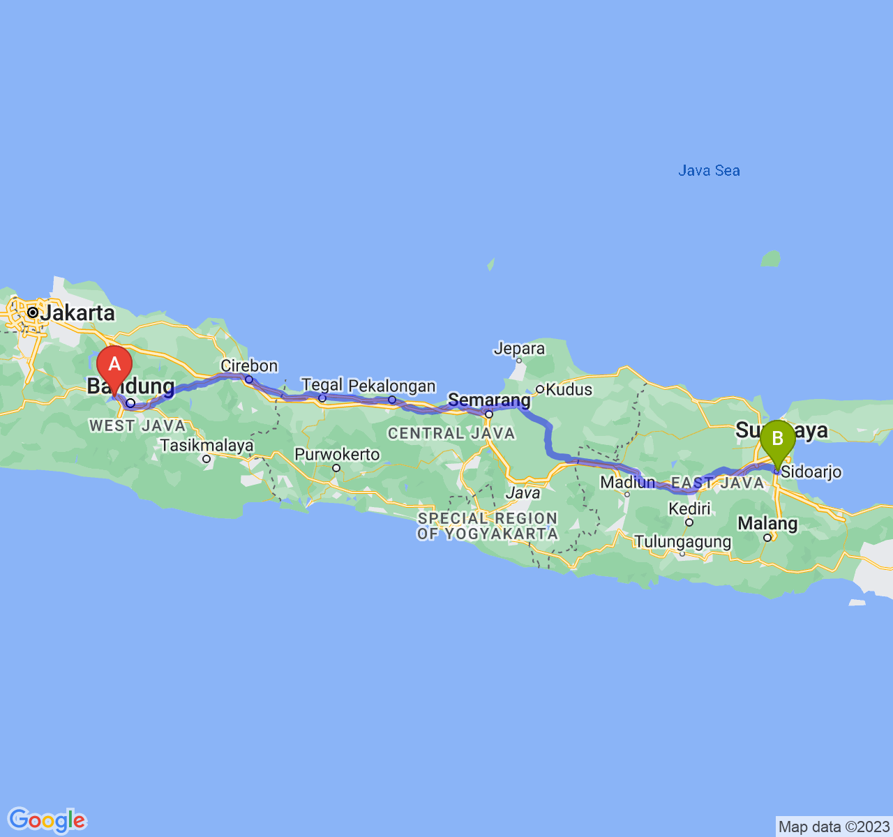 rute perjalanan Kab. Bandung Barat-Kab. Sidoarjo