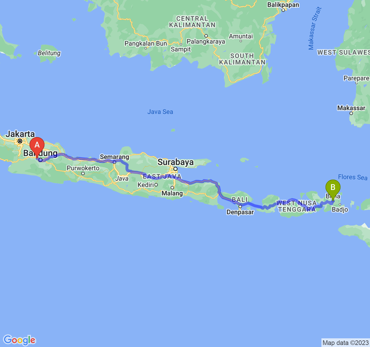 rute perjalanan Kab. Bandung Barat-Kota Bima