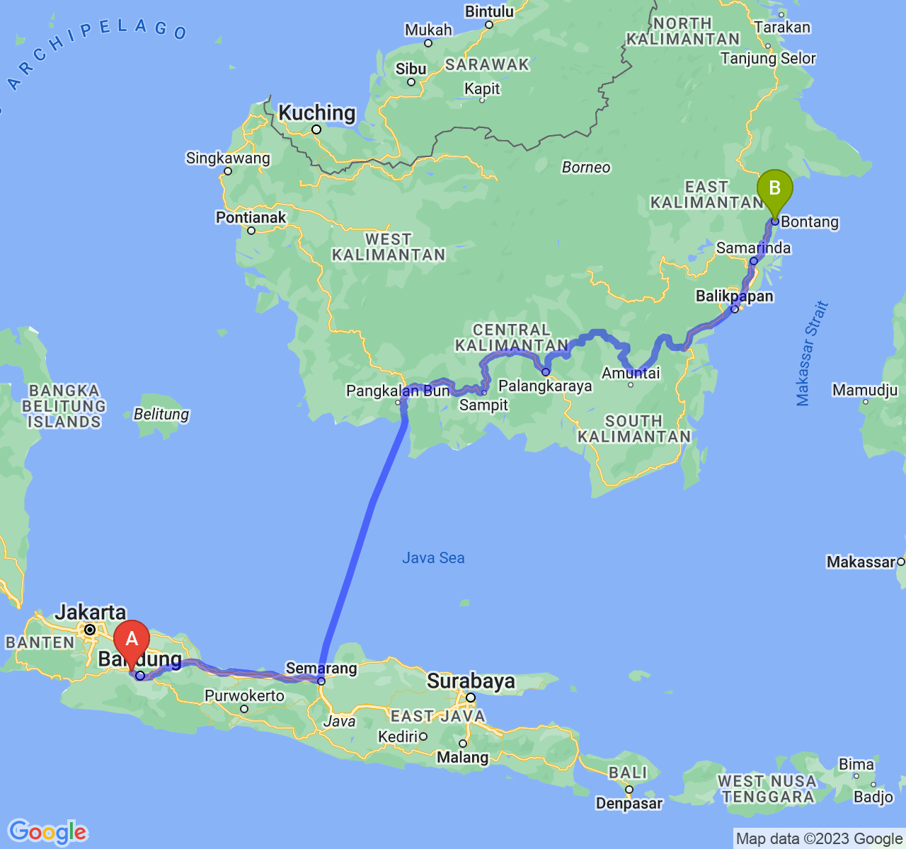 rute perjalanan Kab. Bandung Barat-Kota Bontang