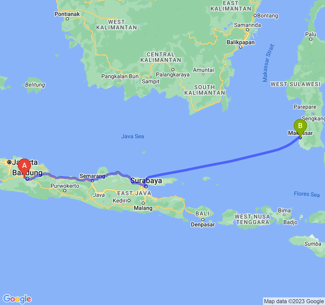 rute perjalanan Kab. Bandung Barat-Kota Makassar