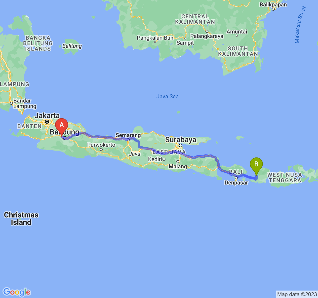 rute perjalanan Kab. Bandung Barat-Kota Mataram
