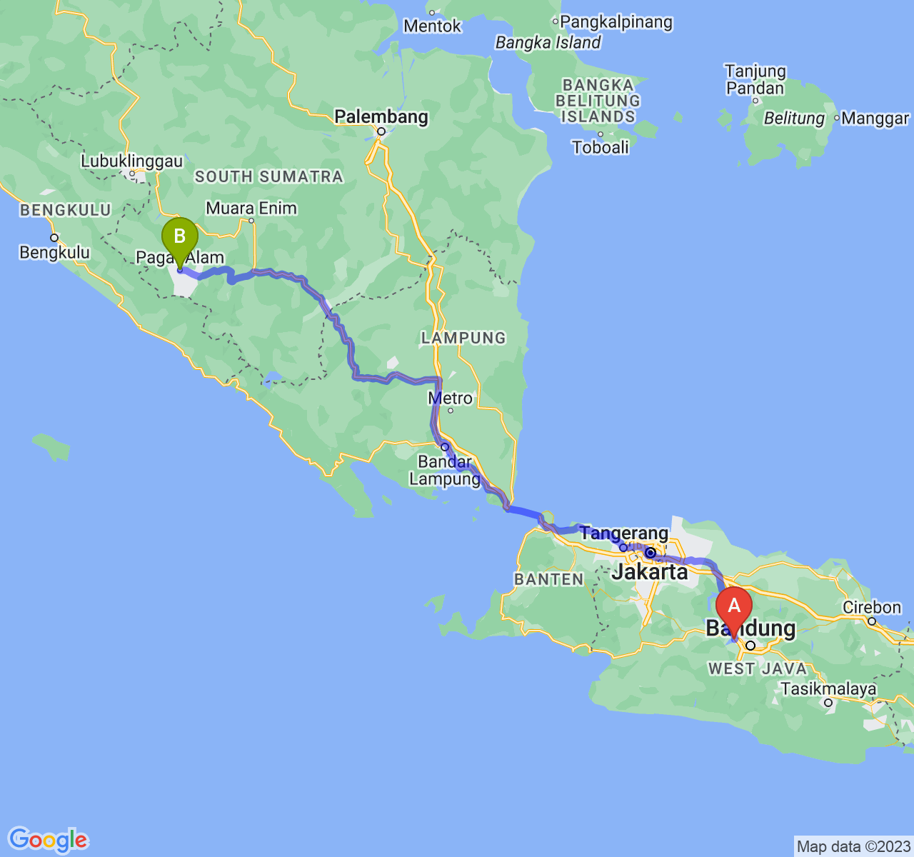 rute perjalanan Kab. Bandung Barat-Kota Pagar Alam