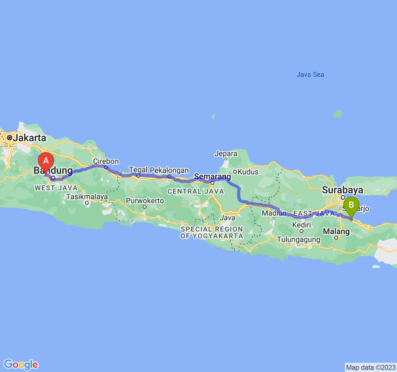 rute perjalanan Kab. Bandung Barat-Kota Pasuruan