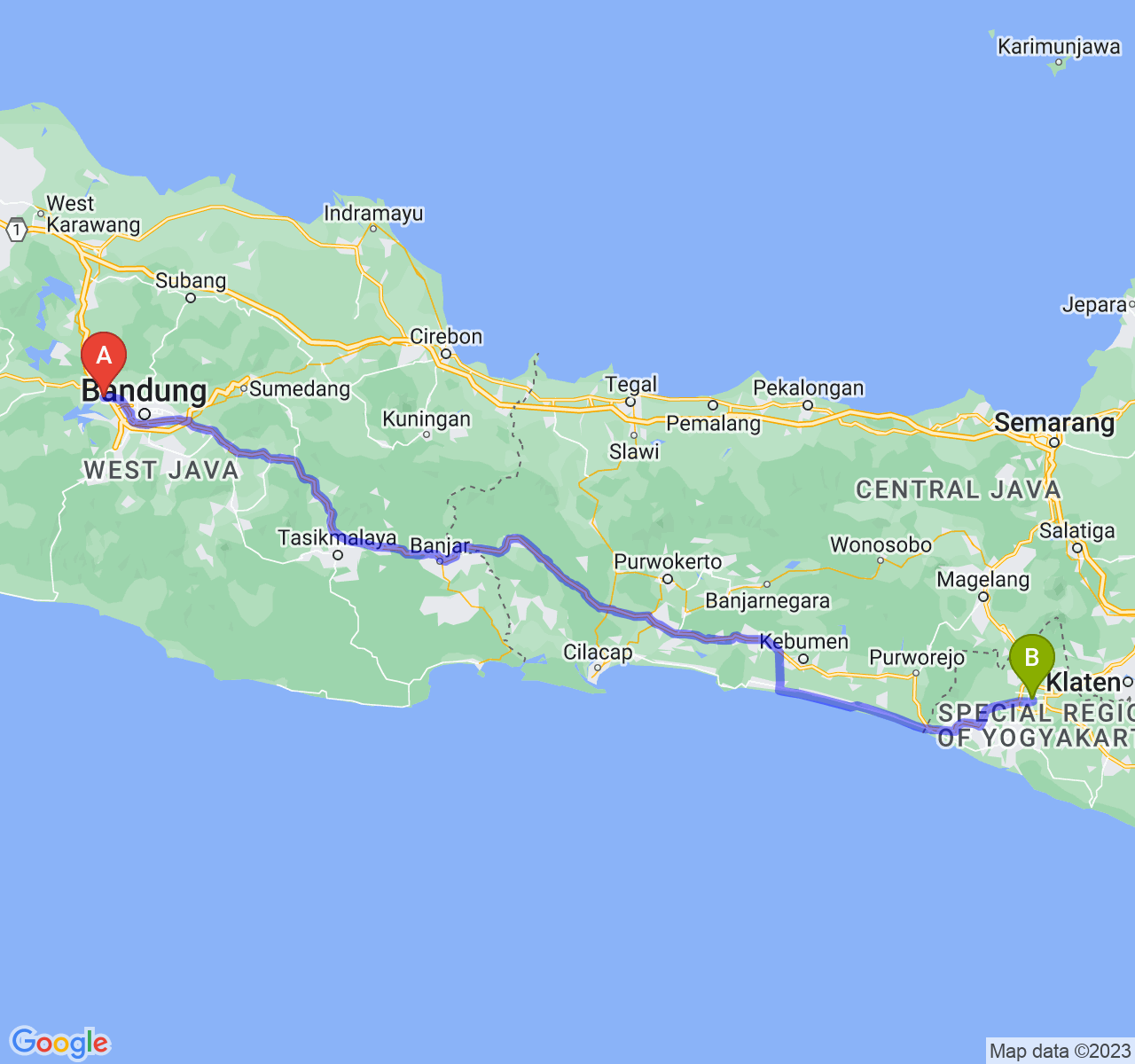 rute perjalanan Kab. Bandung Barat-Kota Yogyakarta