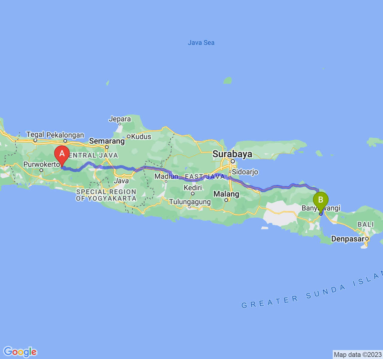 rute perjalanan Kab. Banjarnegara-Kab. Banyuwangi