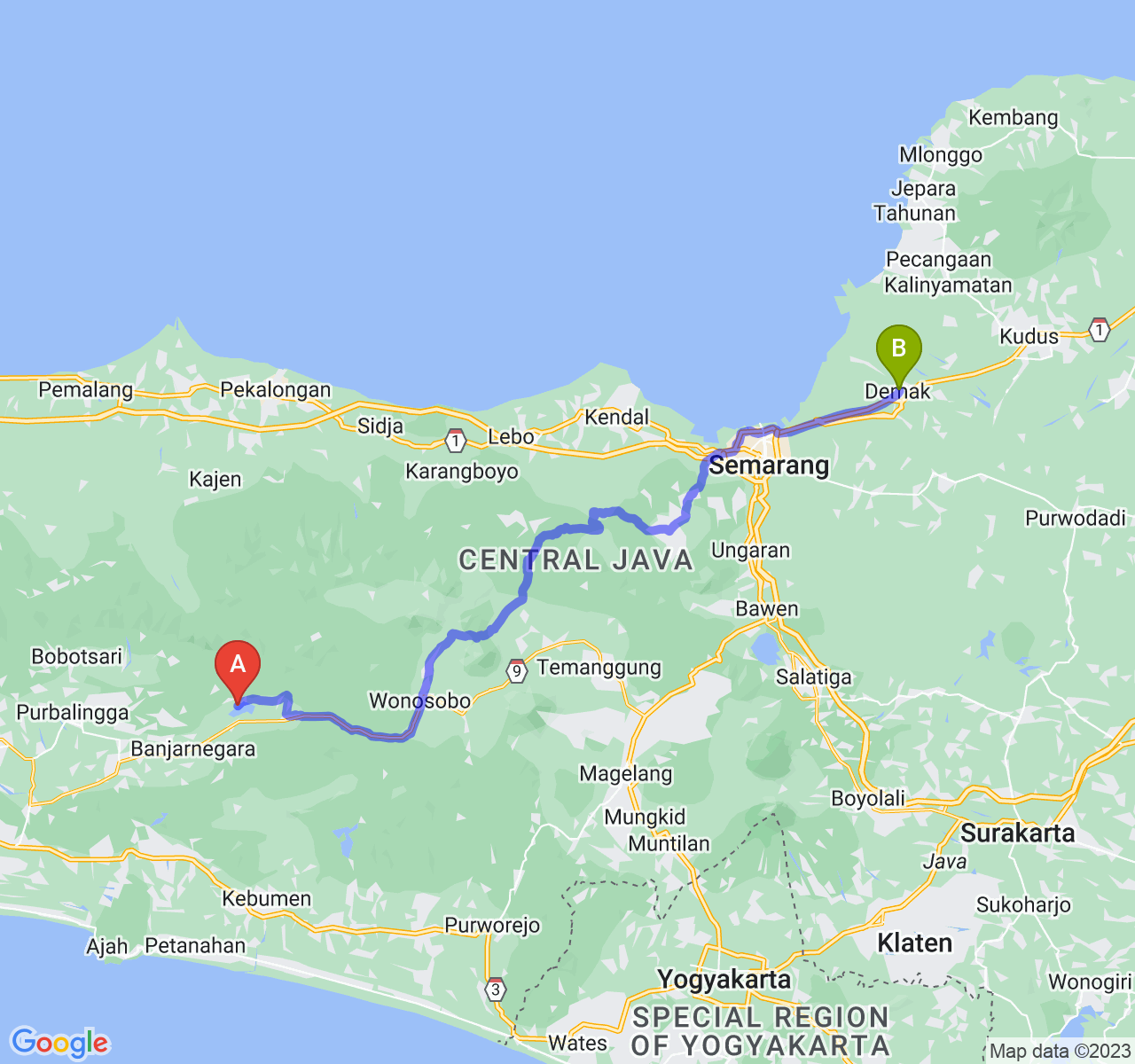 rute perjalanan Kab. Banjarnegara-Kab. Demak