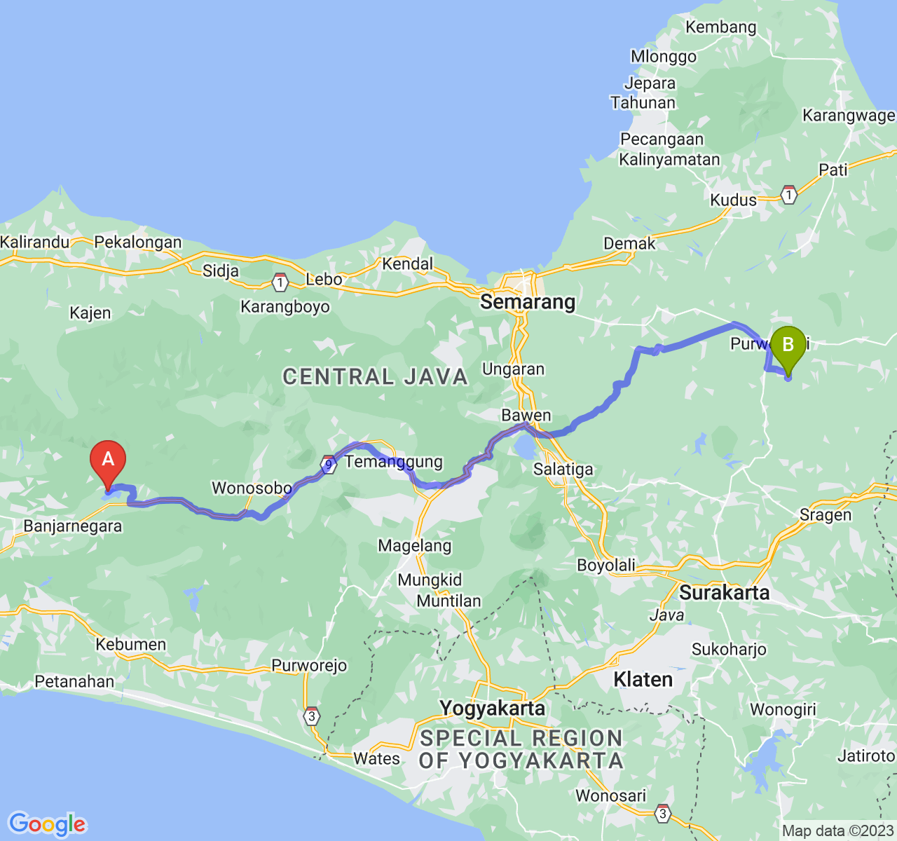 rute perjalanan Kab. Banjarnegara-Kab. Grobogan