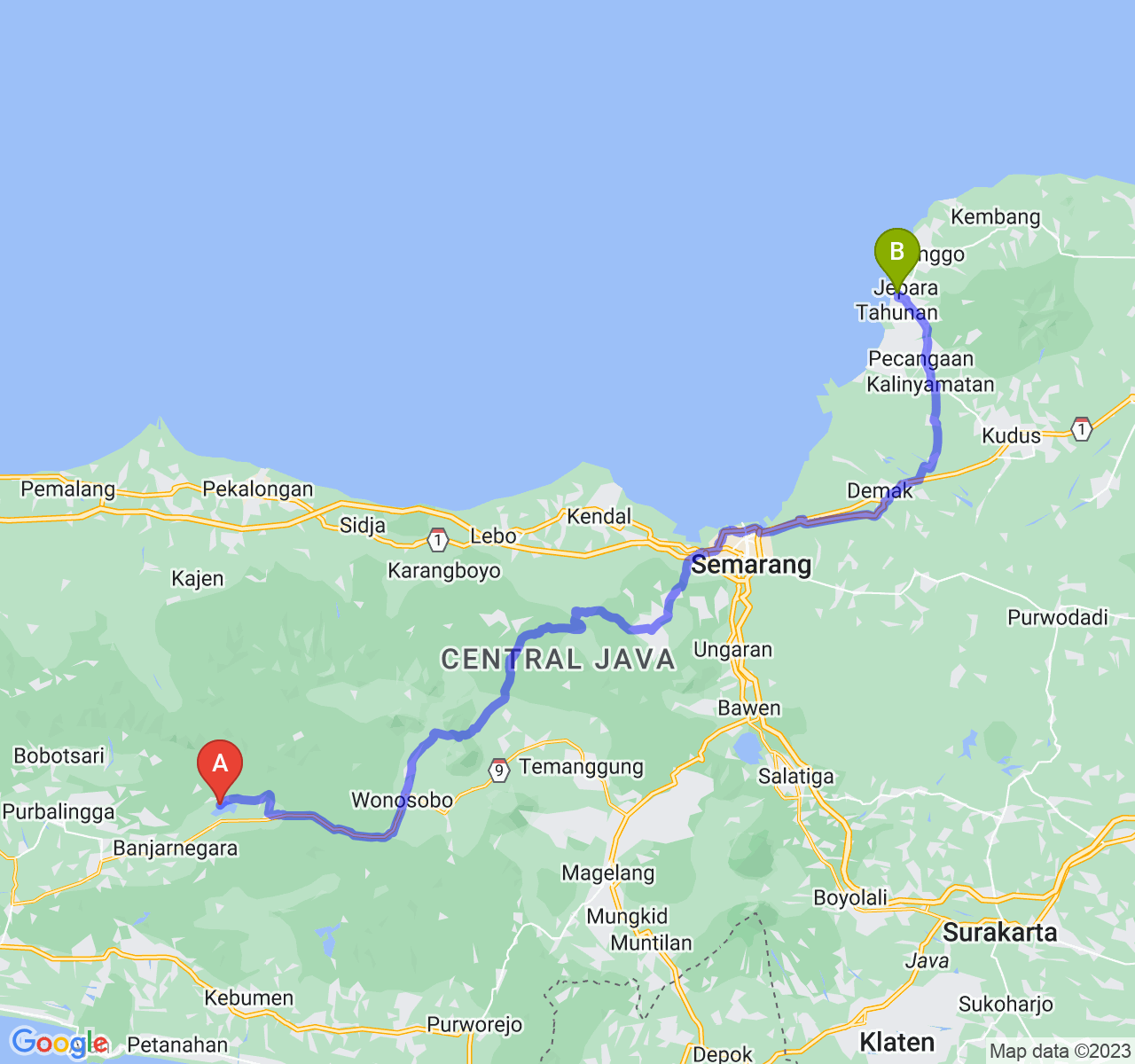 rute perjalanan Kab. Banjarnegara-Kab. Jepara