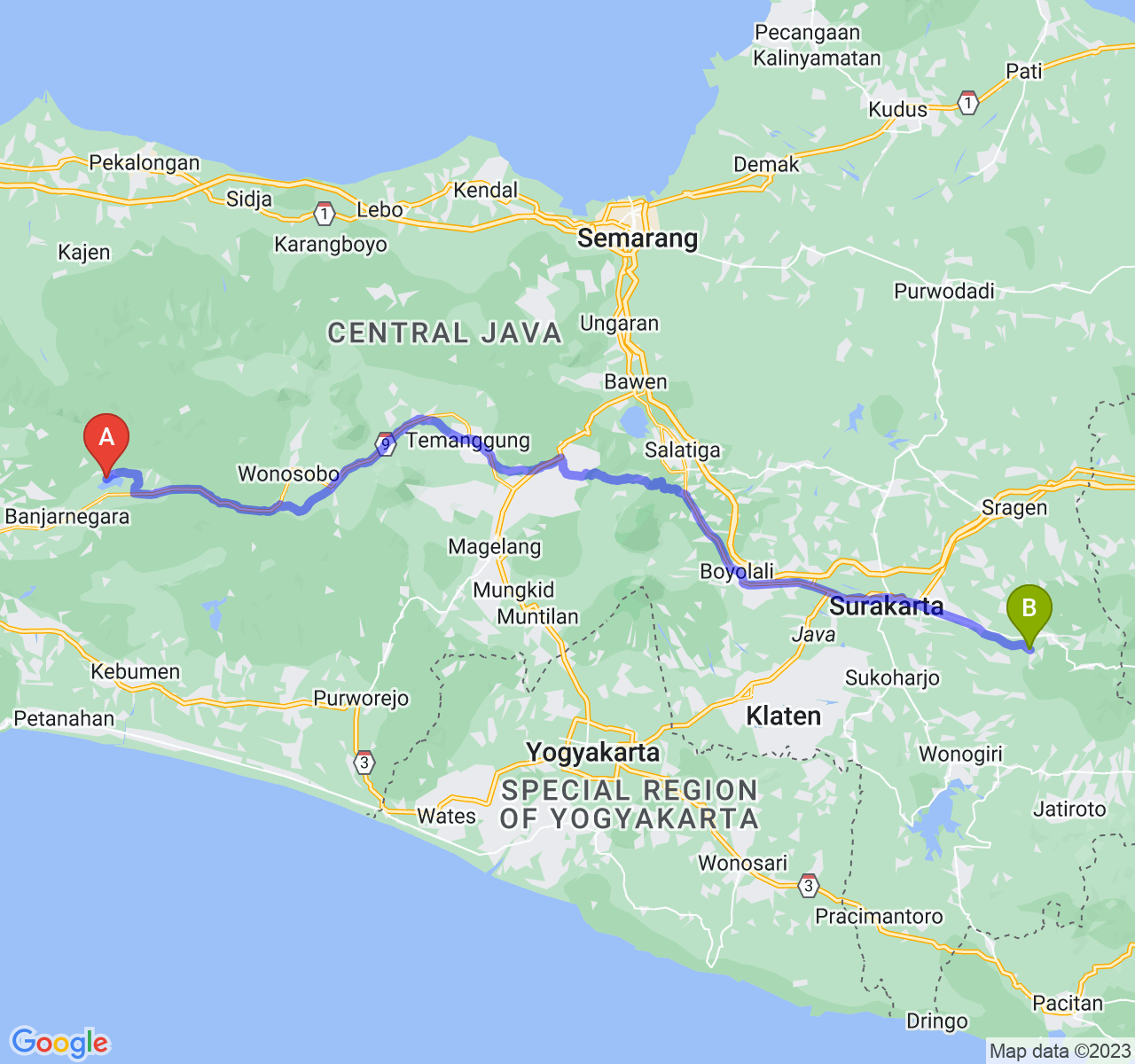 rute perjalanan Kab. Banjarnegara-Kab. Karanganyar