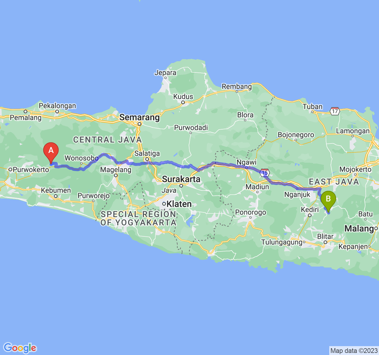 rute perjalanan Kab. Banjarnegara-Kab. Kediri