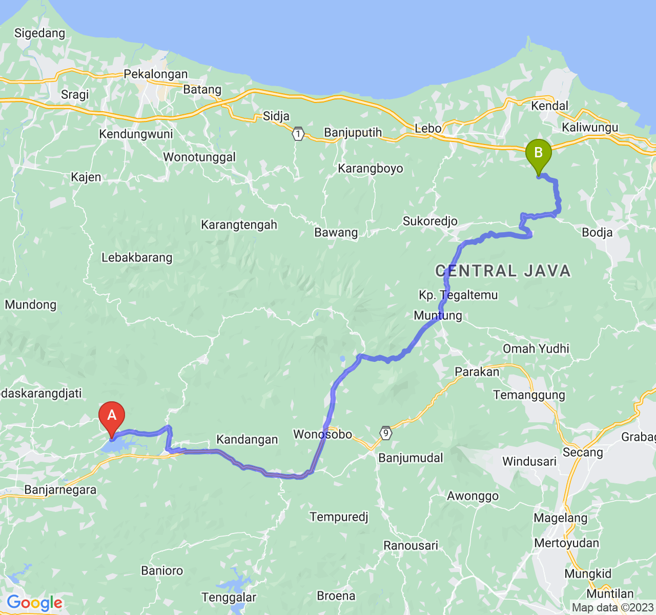 rute perjalanan Kab. Banjarnegara-Kab. Kendal