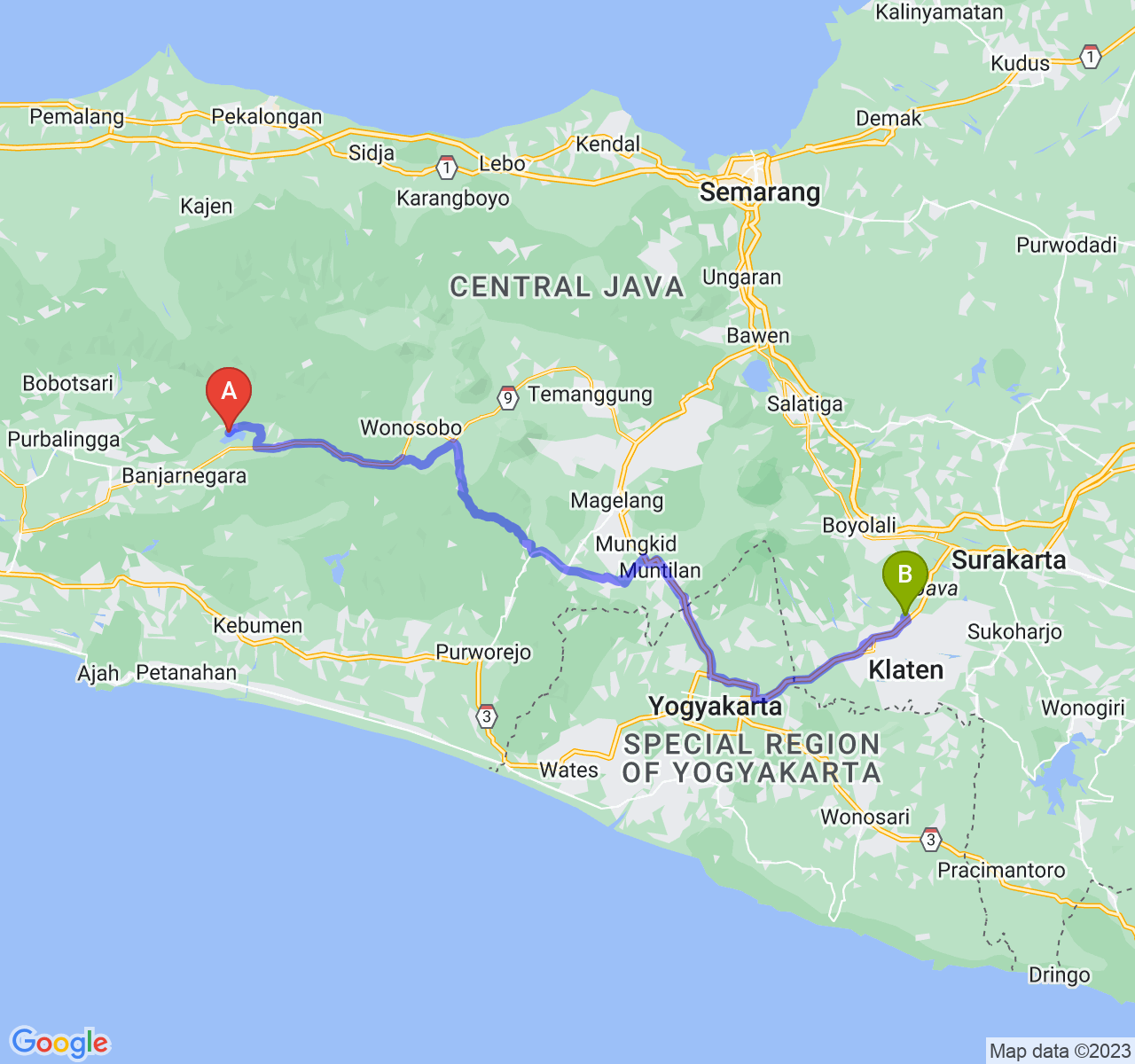 rute perjalanan Kab. Banjarnegara-Kab. Klaten