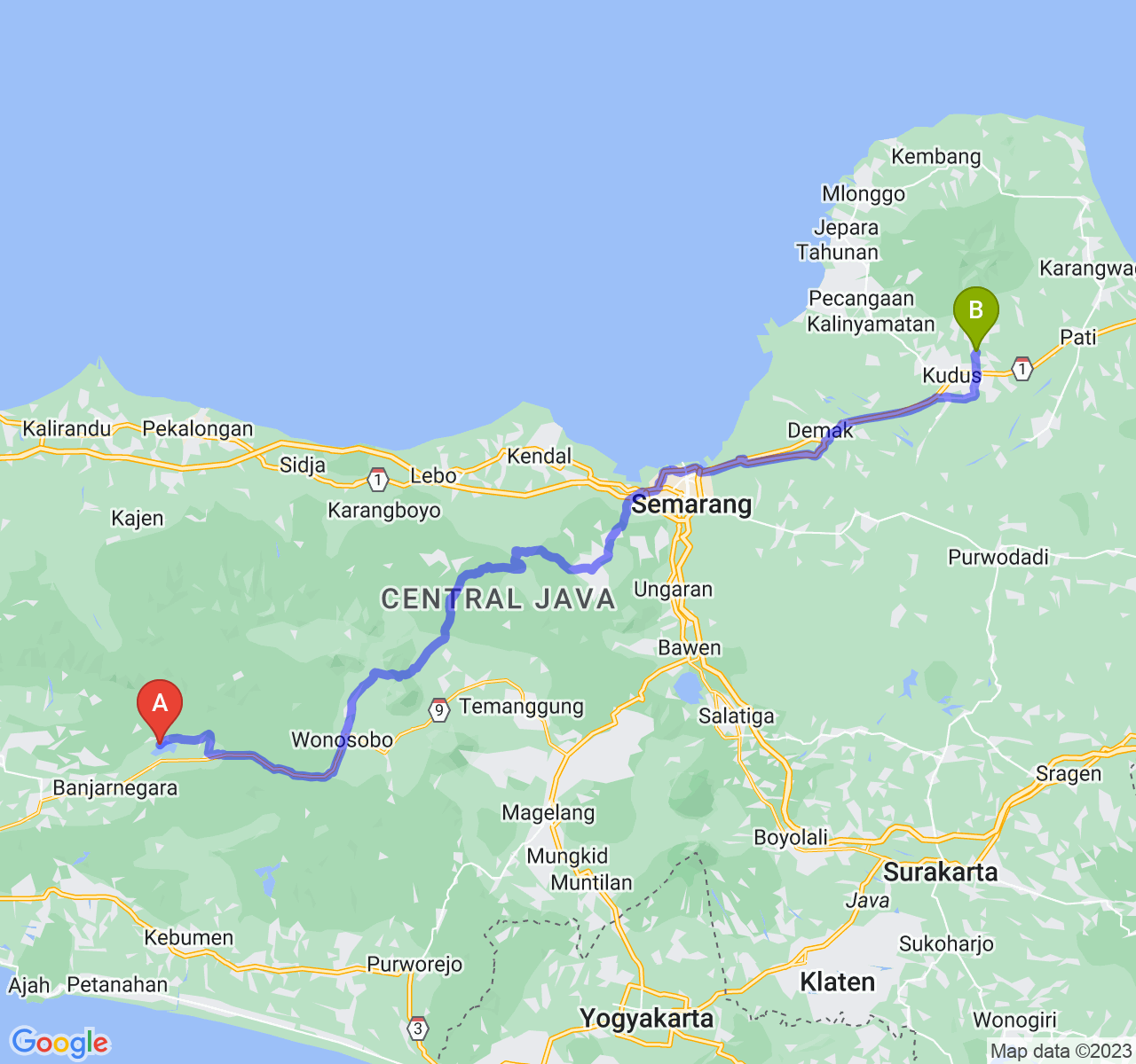 rute perjalanan Kab. Banjarnegara-Kab. Kudus