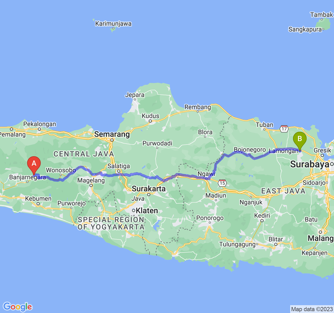 rute perjalanan Kab. Banjarnegara-Kab. Lamongan