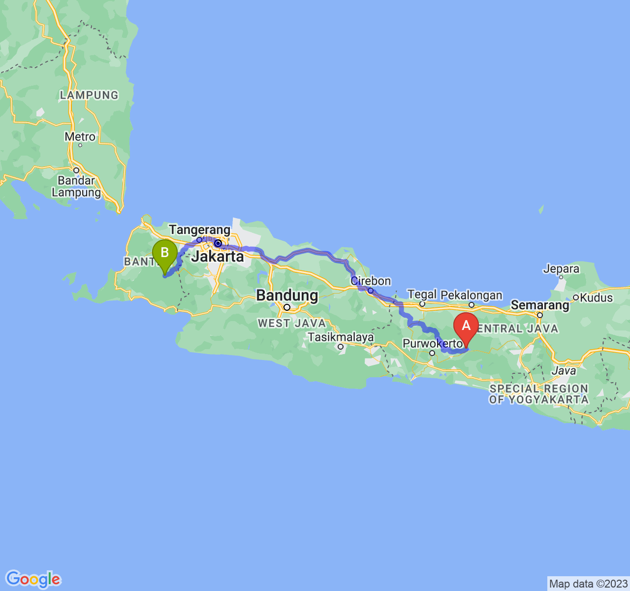 rute perjalanan Kab. Banjarnegara-Kab. Lebak