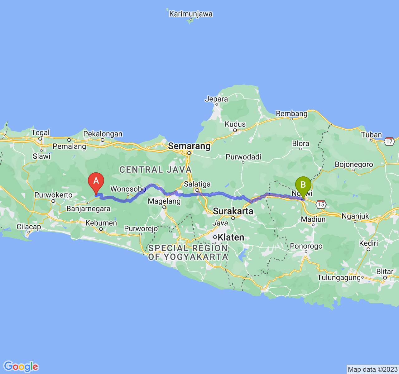 rute perjalanan Kab. Banjarnegara-Kab. Ngawi