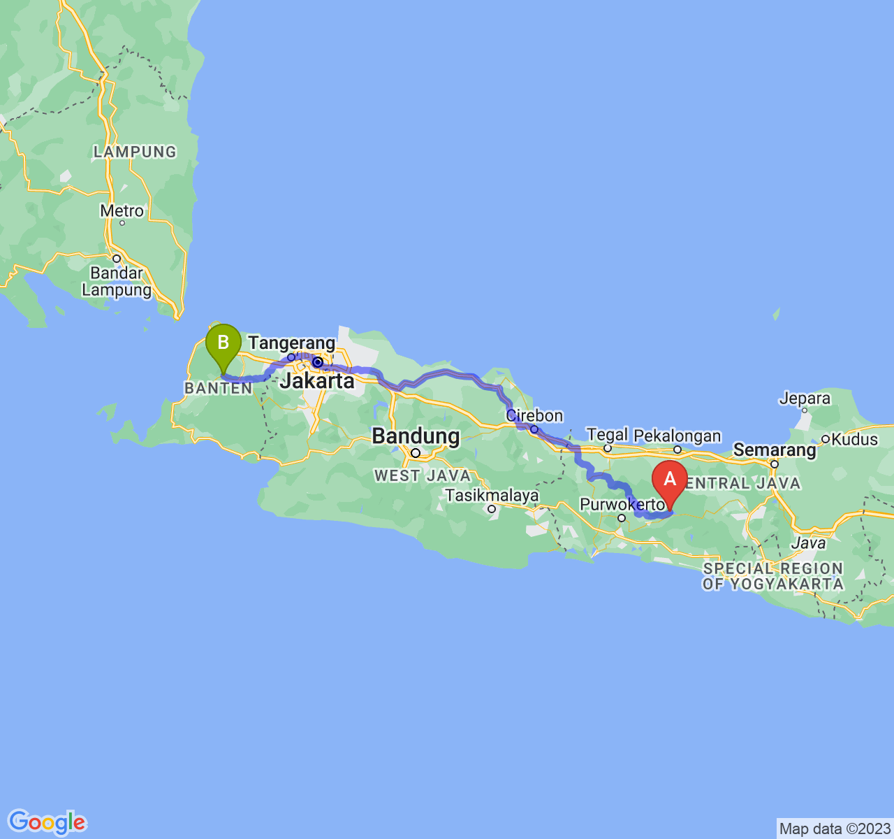 rute perjalanan Kab. Banjarnegara-Kab. Pandeglang