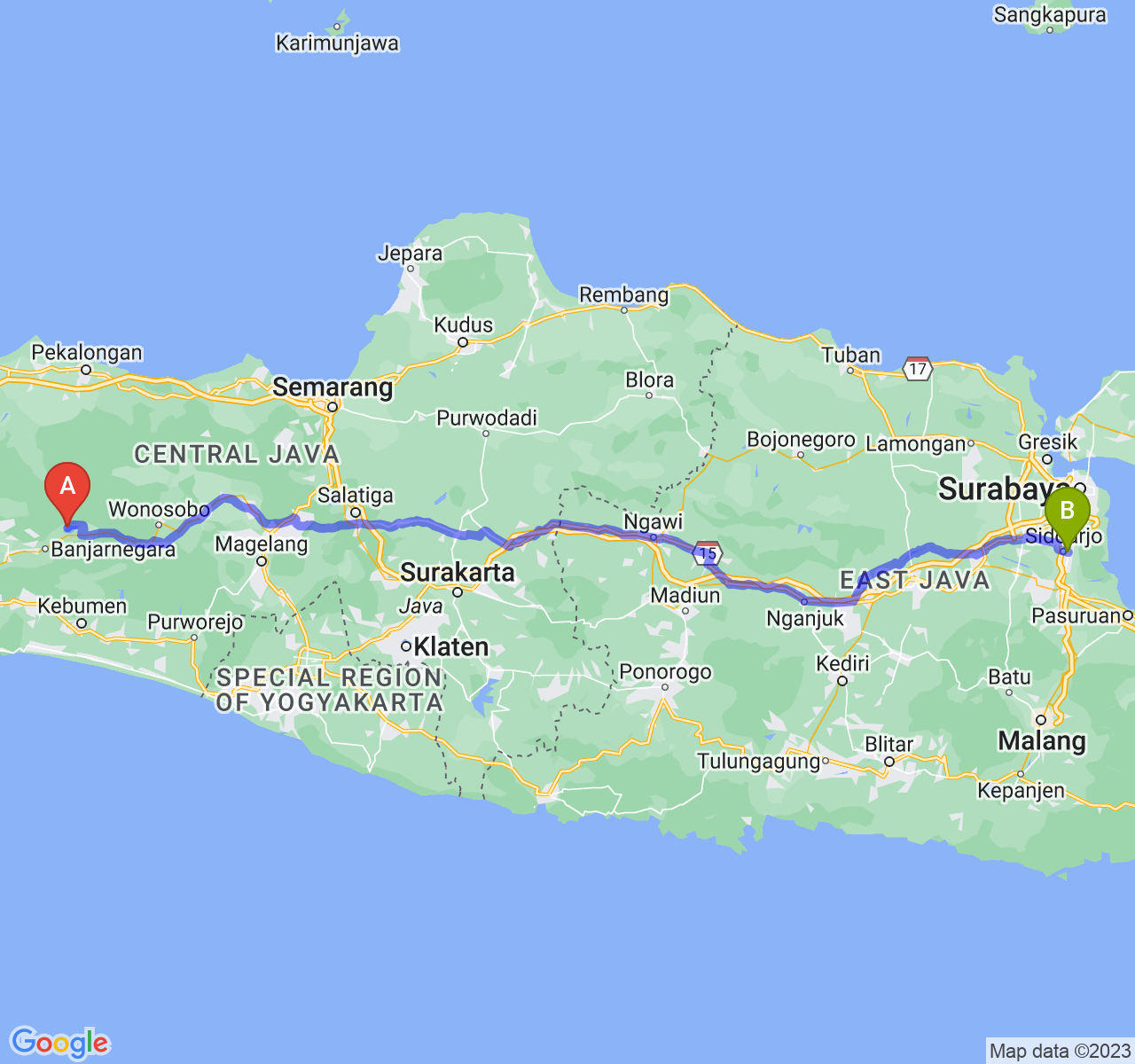 rute perjalanan Kab. Banjarnegara-Kab. Sidoarjo