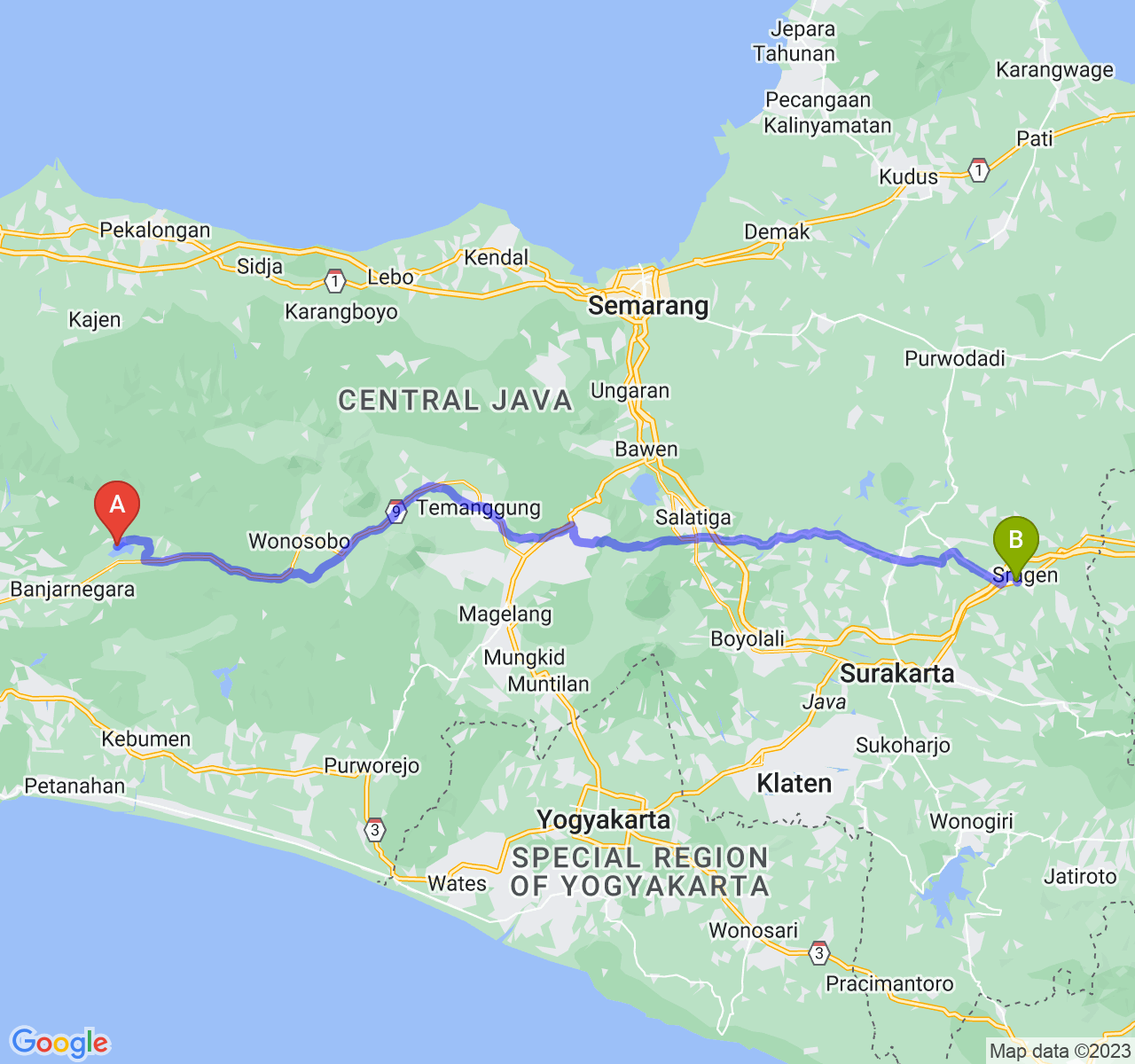 rute perjalanan Kab. Banjarnegara-Kab. Sragen