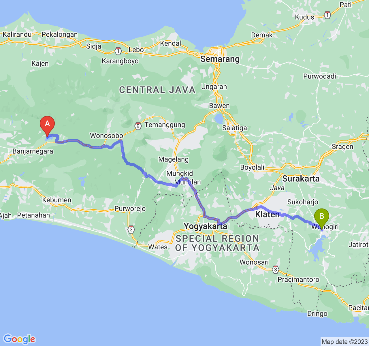 rute perjalanan Kab. Banjarnegara-Kab. Wonogiri