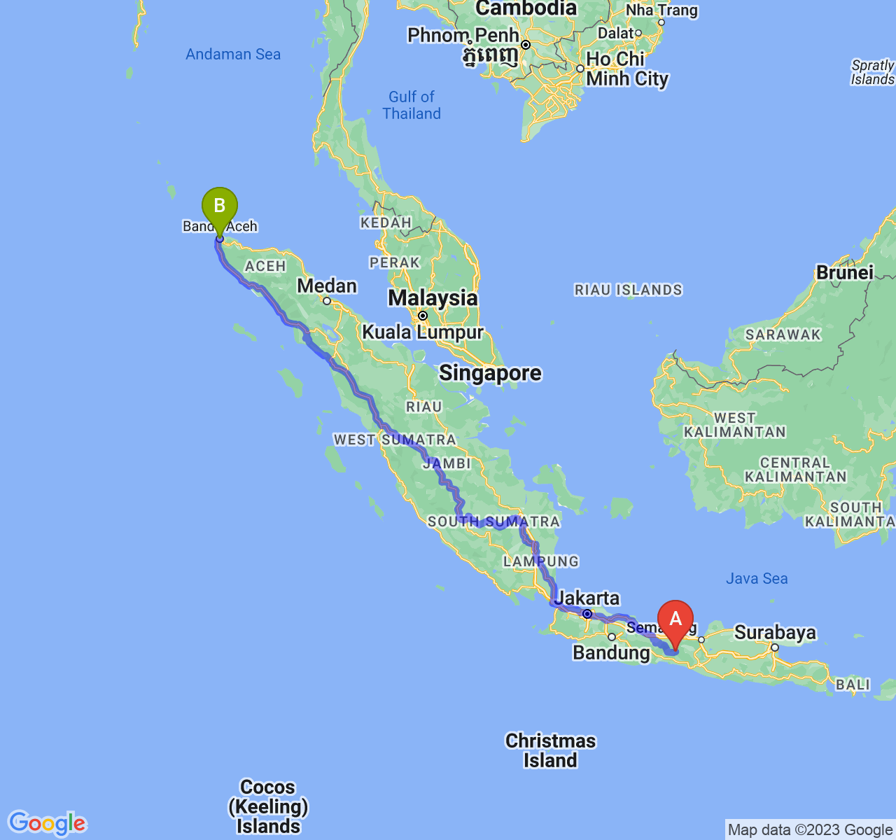 rute perjalanan Kab. Banjarnegara-Kota Banda Aceh