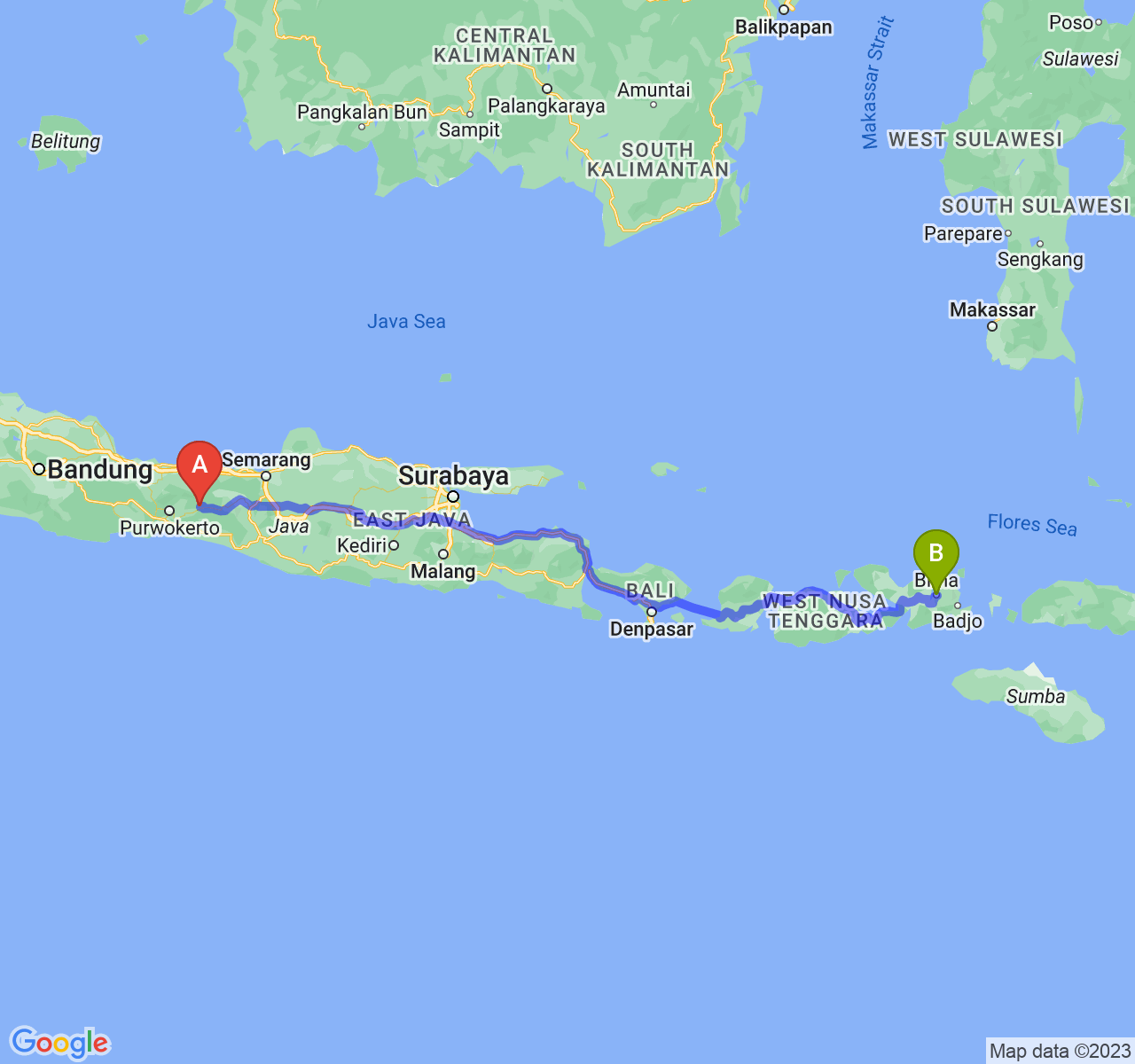 rute perjalanan Kab. Banjarnegara-Kota Bima