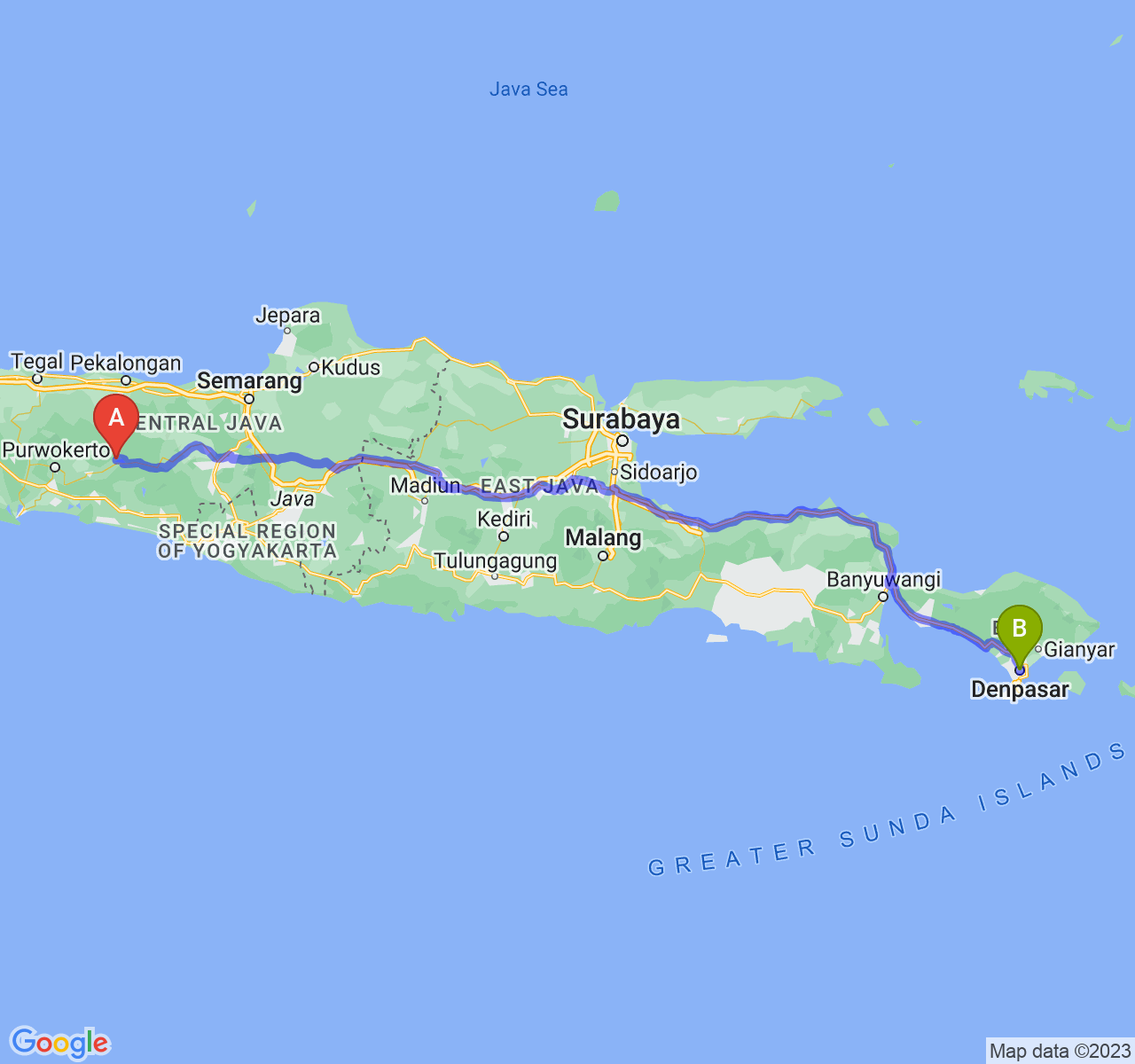 rute perjalanan Kab. Banjarnegara-Kota Denpasar