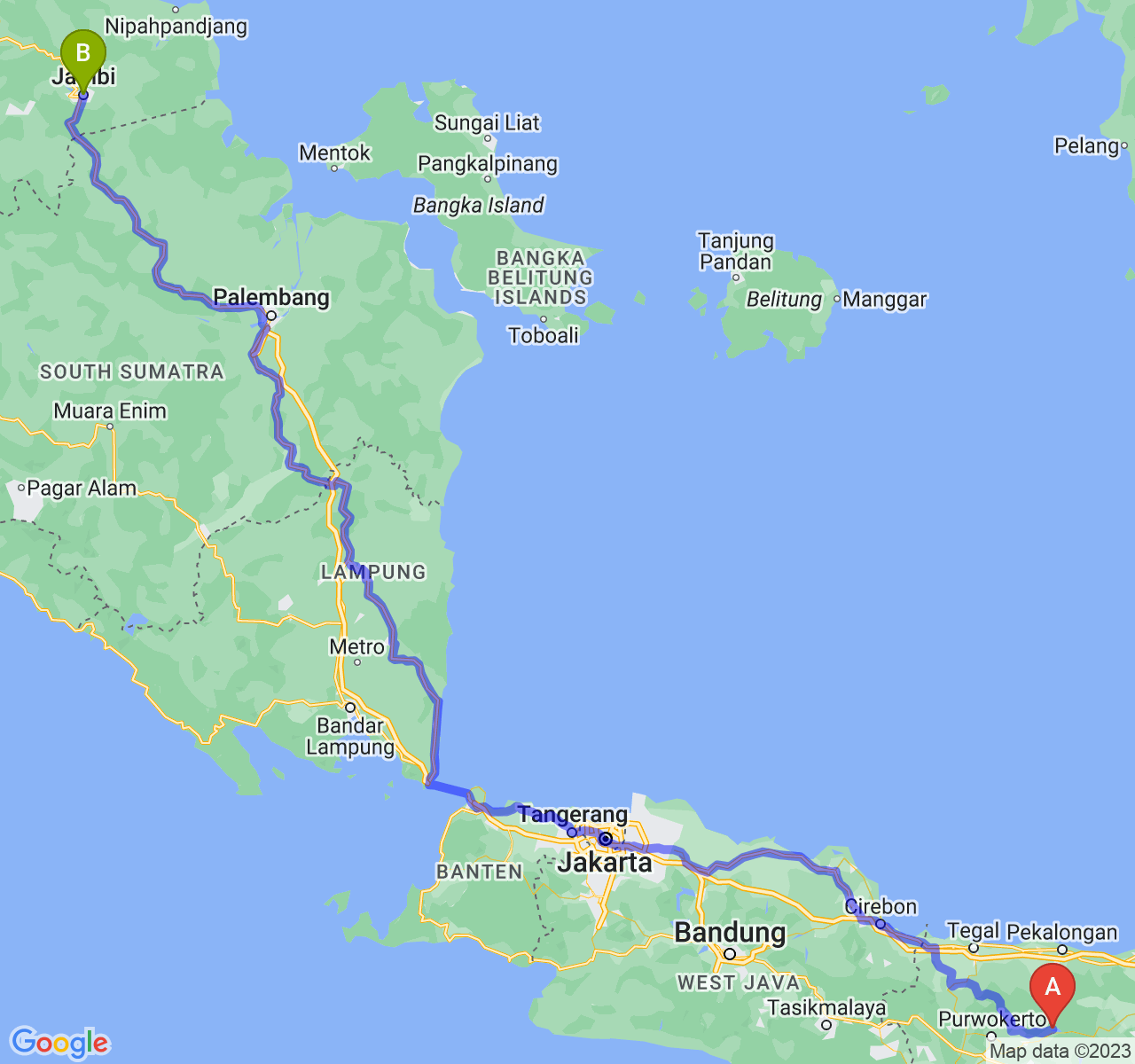 rute perjalanan Kab. Banjarnegara-Kota Jambi