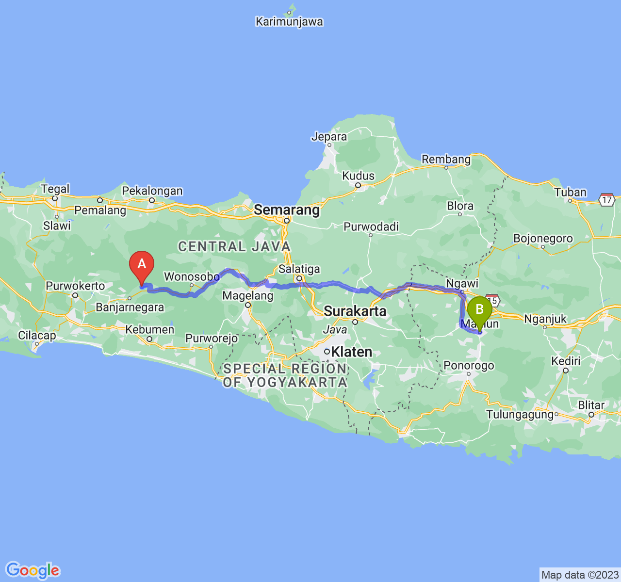 rute perjalanan Kab. Banjarnegara-Kota Madiun