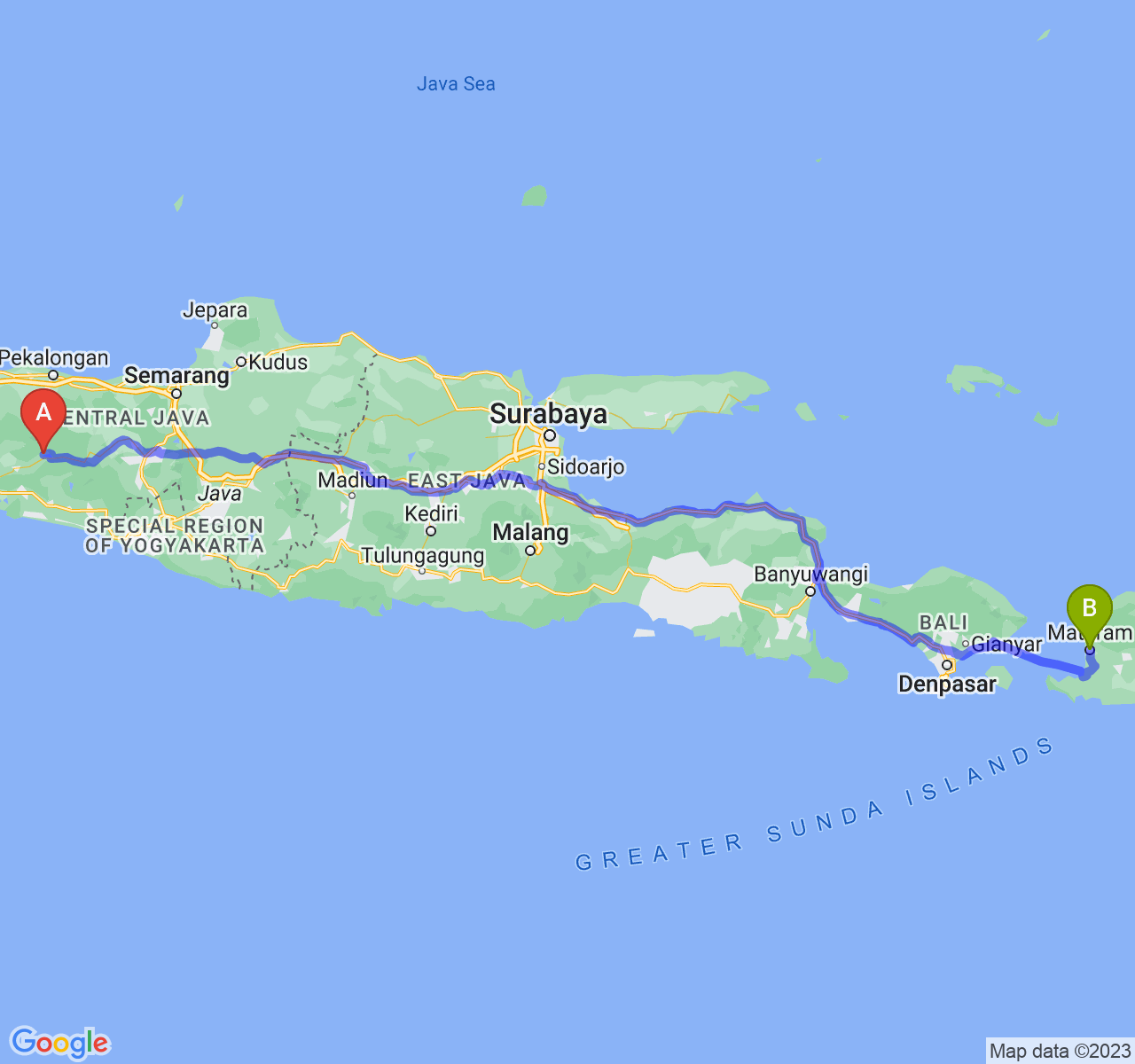 rute perjalanan Kab. Banjarnegara-Kota Mataram