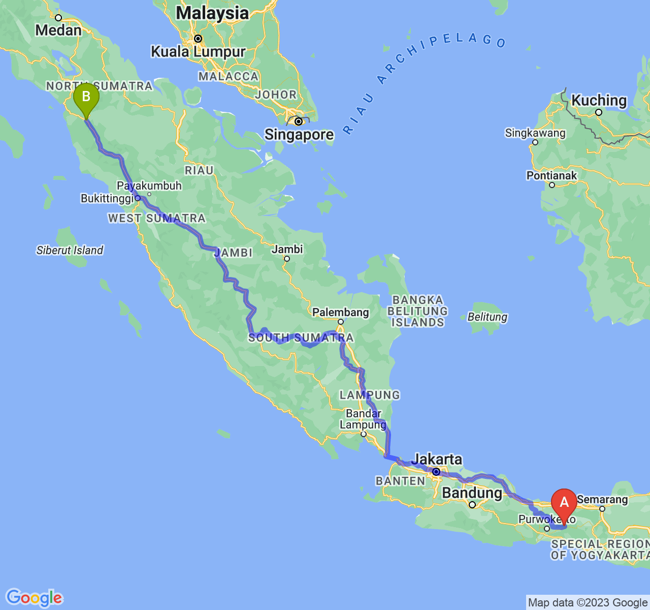 rute perjalanan Kab. Banjarnegara-Kota Padang Sidimpuan