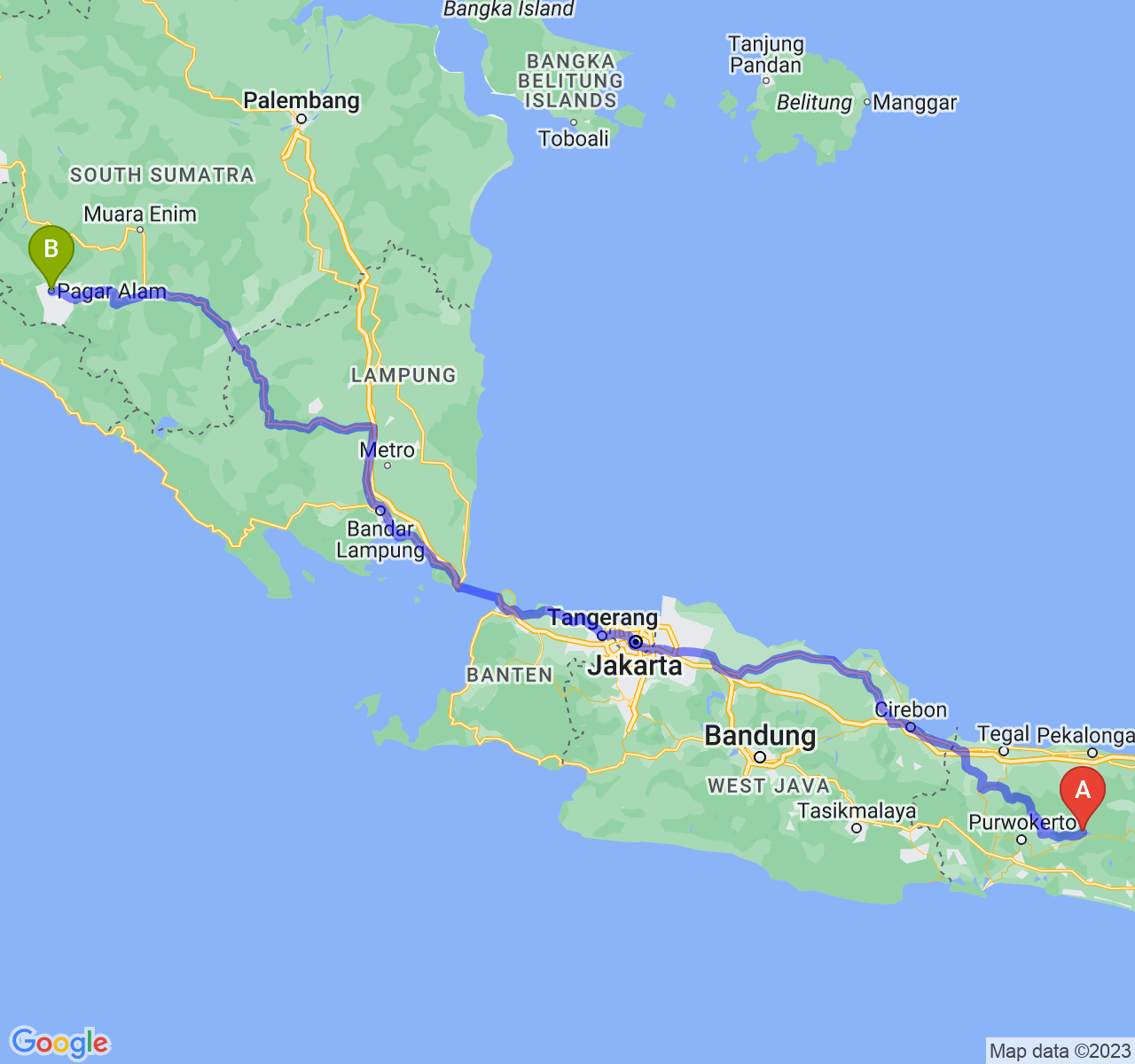 rute perjalanan Kab. Banjarnegara-Kota Pagar Alam