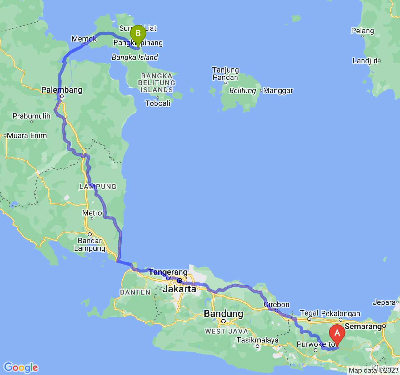 rute perjalanan Kab. Banjarnegara-Kota Pangkalpinang