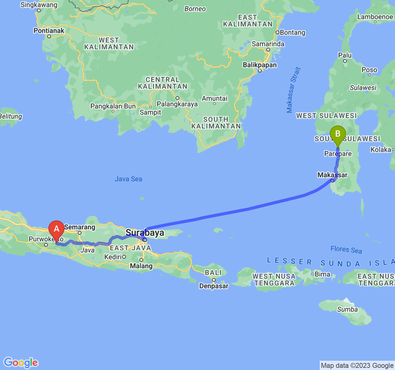 rute perjalanan Kab. Banjarnegara-Kota Parepare