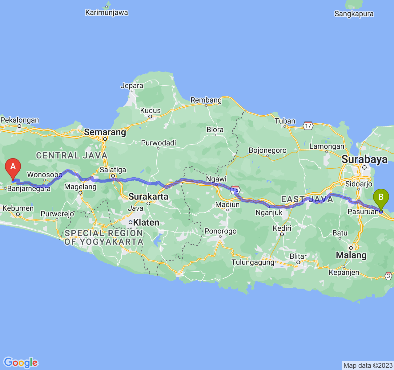 rute perjalanan Kab. Banjarnegara-Kota Pasuruan