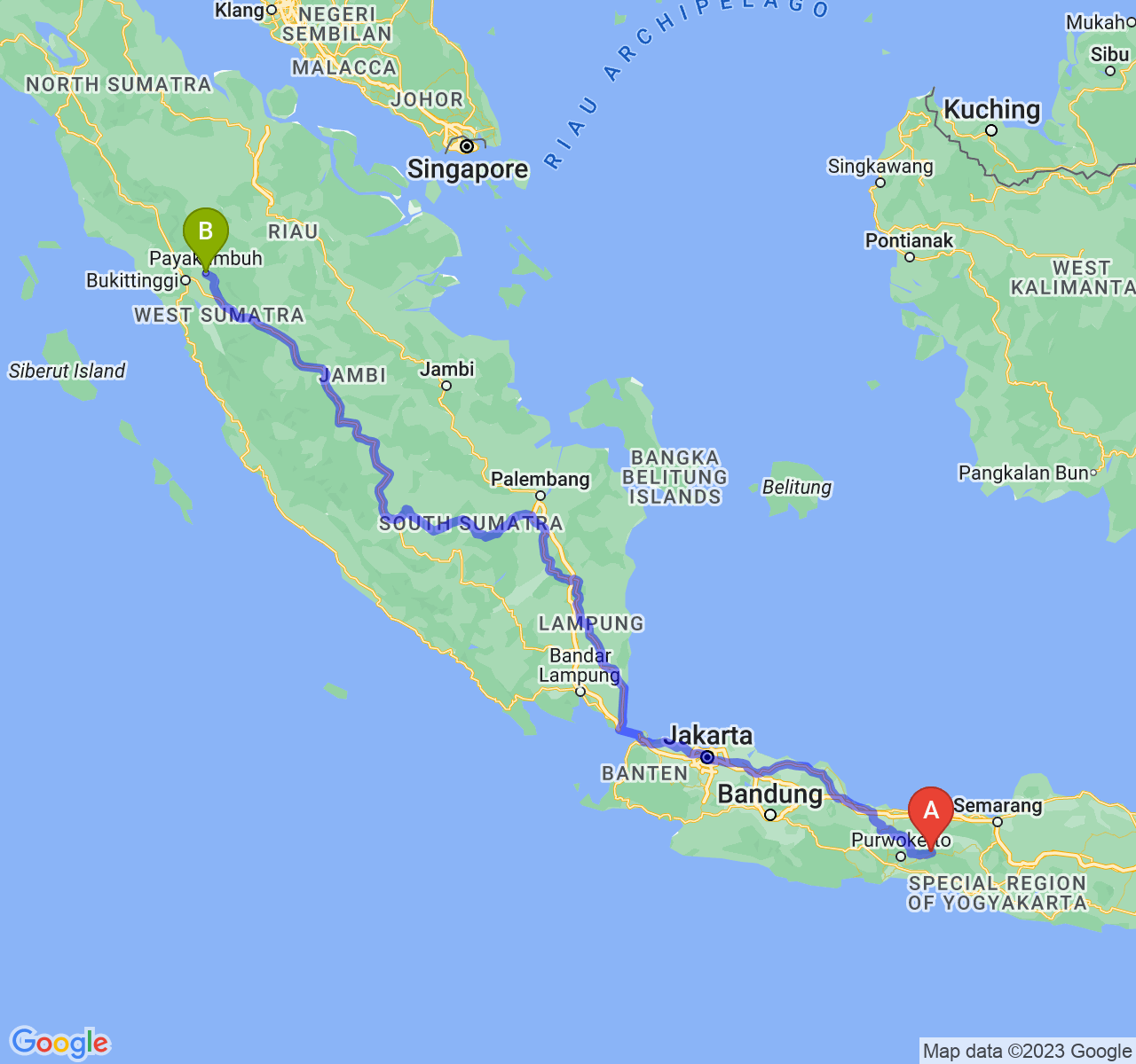 rute perjalanan Kab. Banjarnegara-Kota Payakumbuh