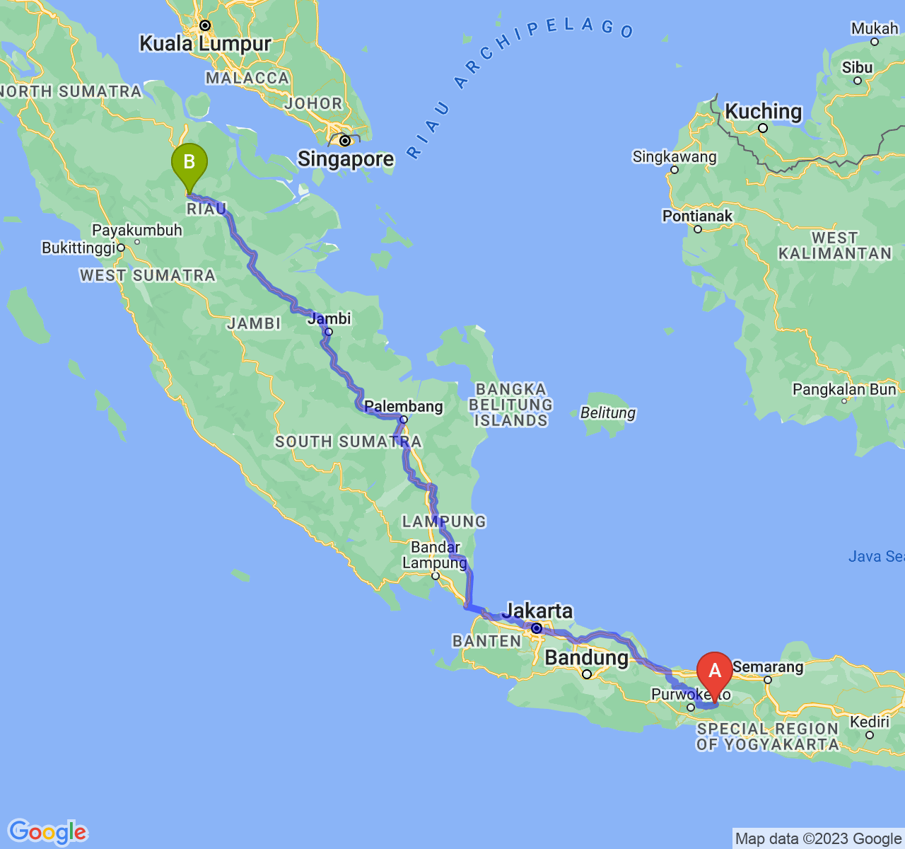 rute perjalanan Kab. Banjarnegara-Kota Pekanbaru