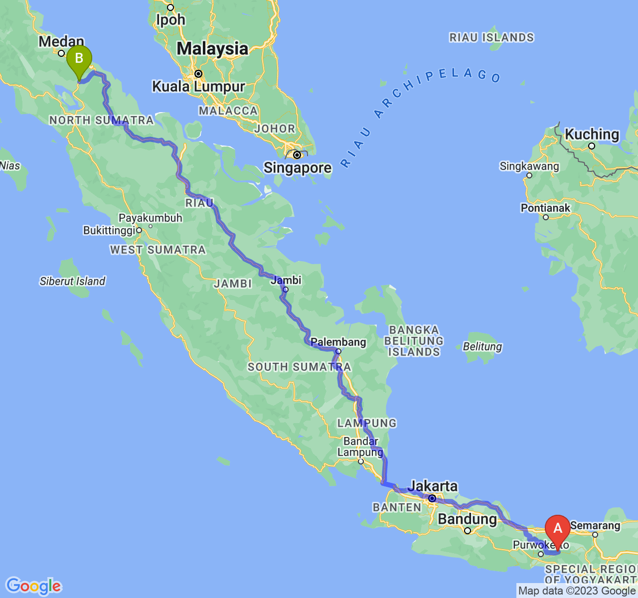 rute perjalanan Kab. Banjarnegara-Kota Pematangsiantar