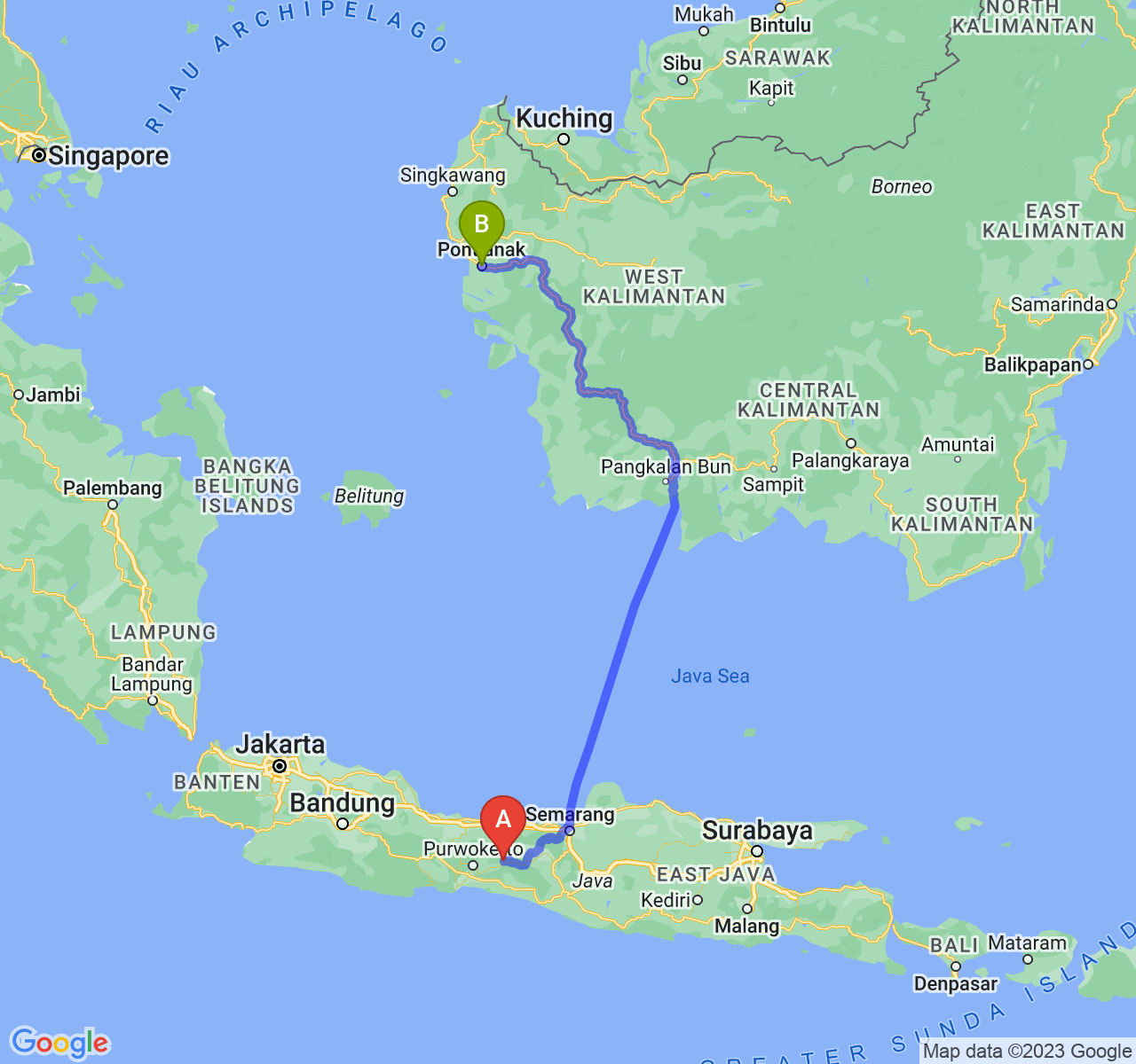 rute perjalanan Kab. Banjarnegara-Kota Pontianak