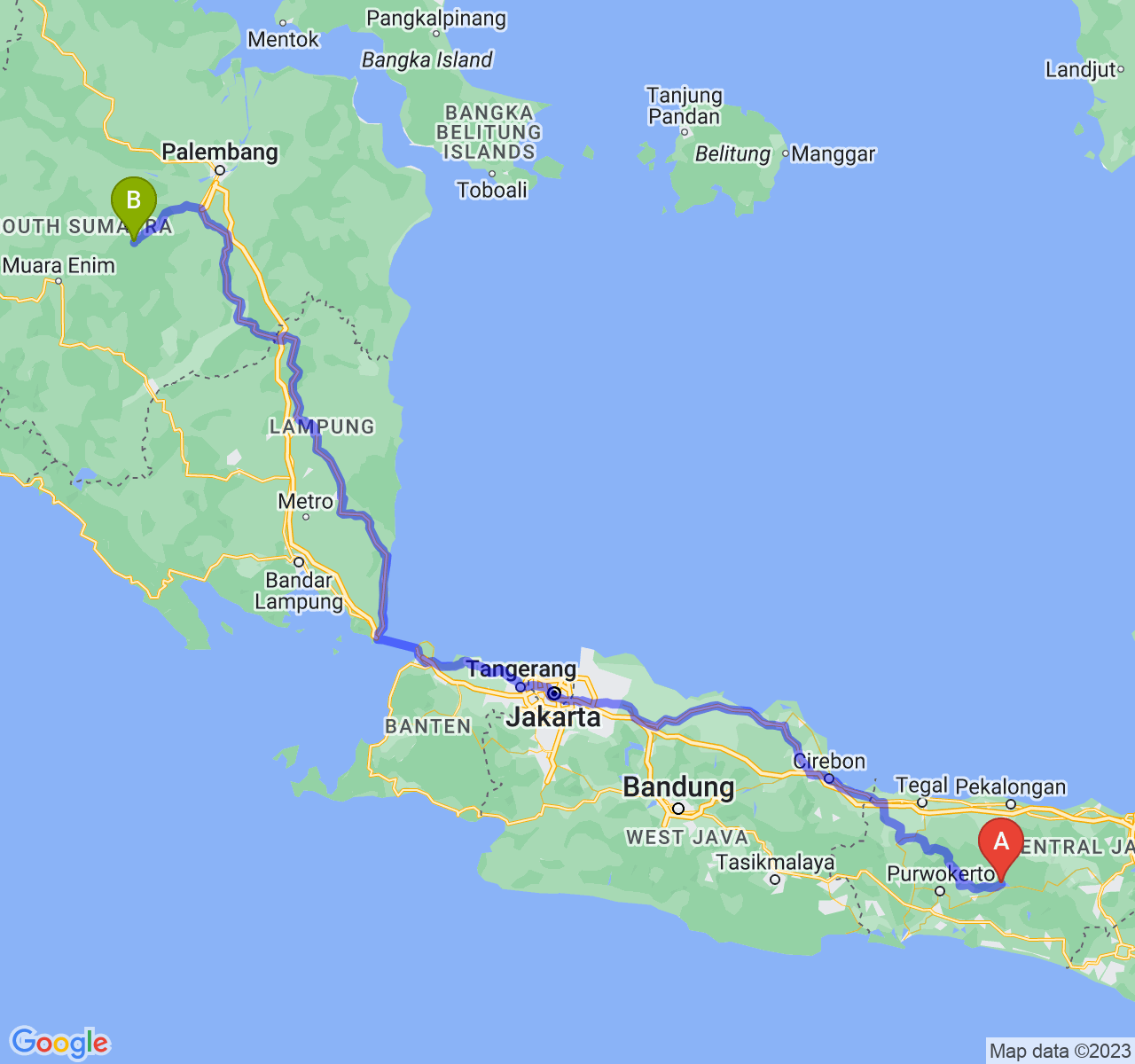 rute perjalanan Kab. Banjarnegara-Kota Prabumulih