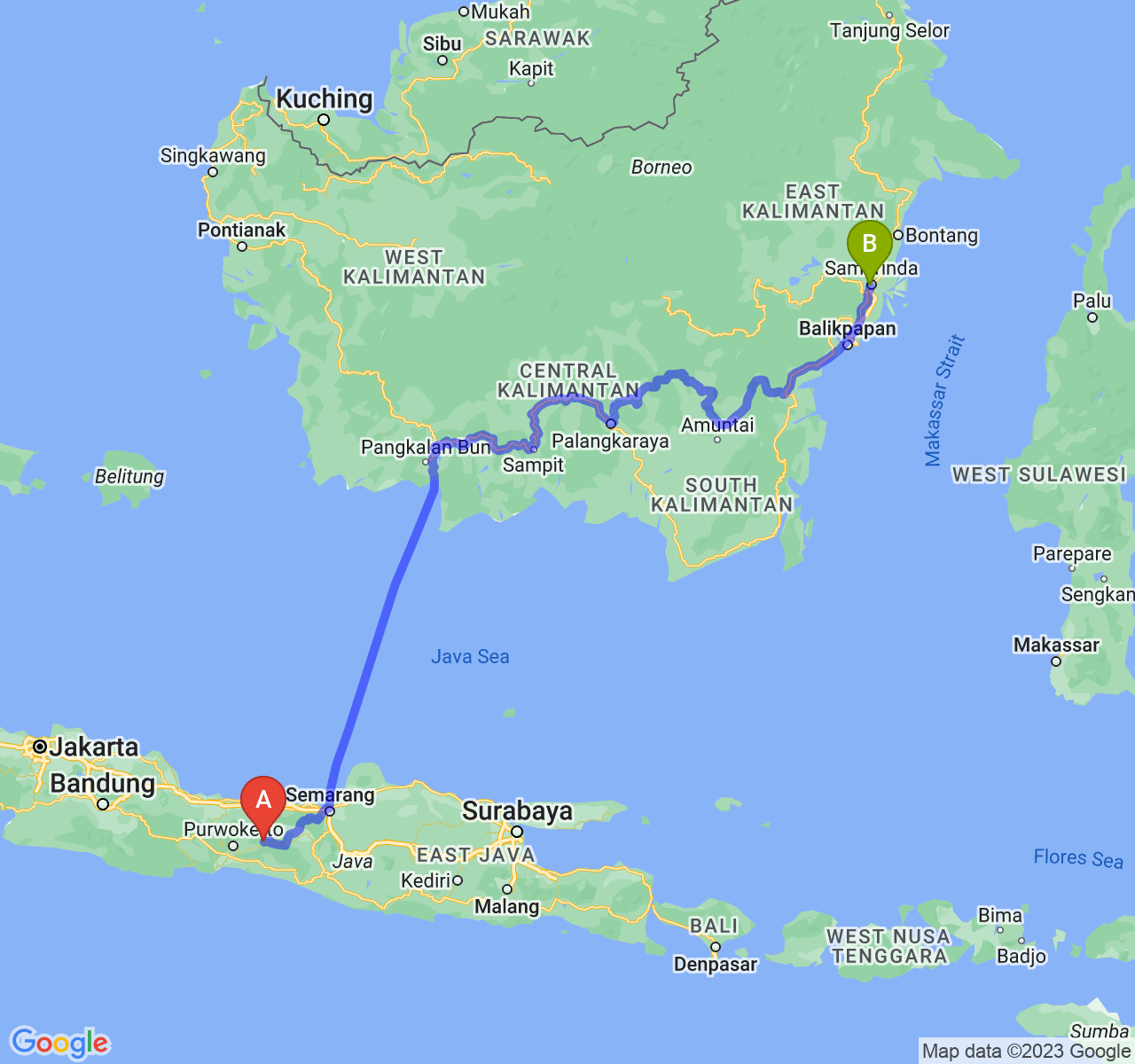 rute perjalanan Kab. Banjarnegara-Kota Samarinda