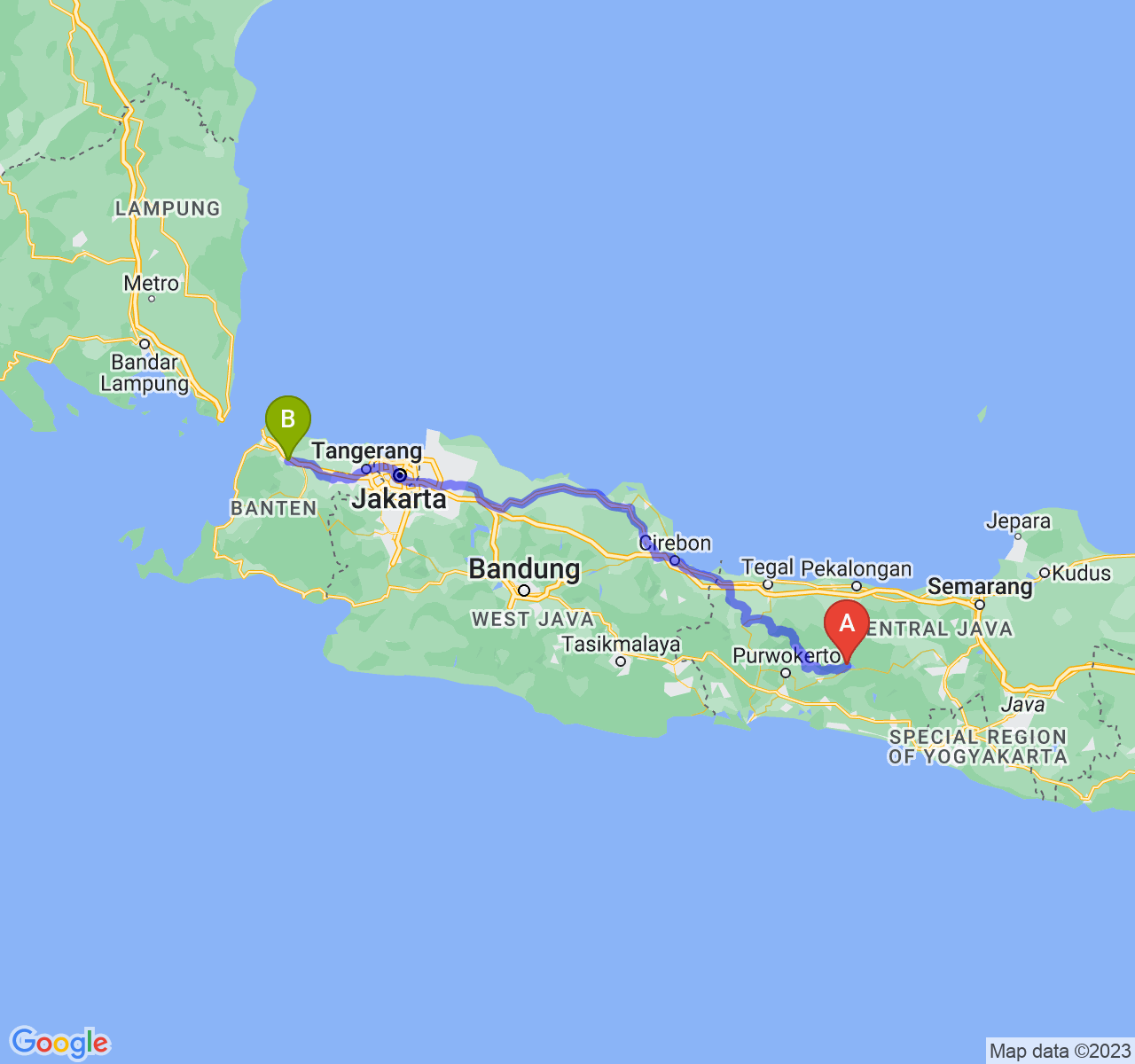 rute perjalanan Kab. Banjarnegara-Kota Serang