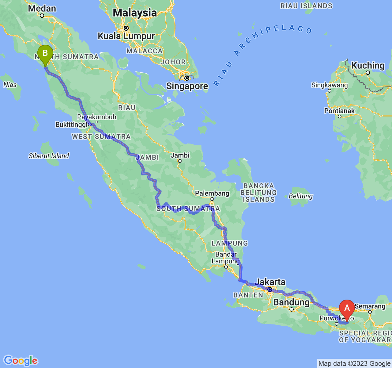 rute perjalanan Kab. Banjarnegara-Kota Sibolga