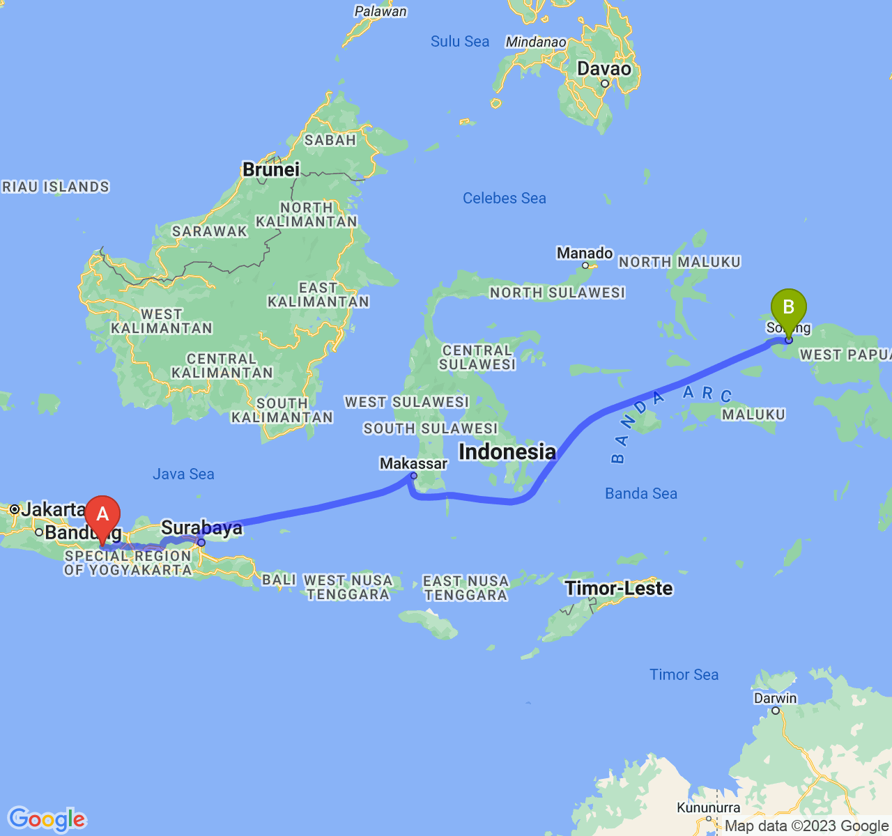 rute perjalanan Kab. Banjarnegara-Kota Sorong