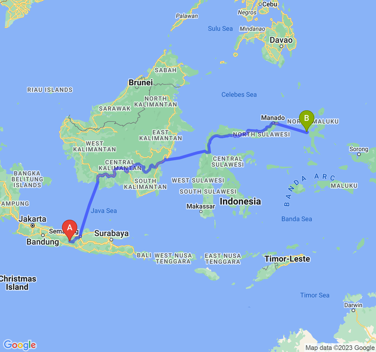 rute perjalanan Kab. Banjarnegara-Kota Ternate