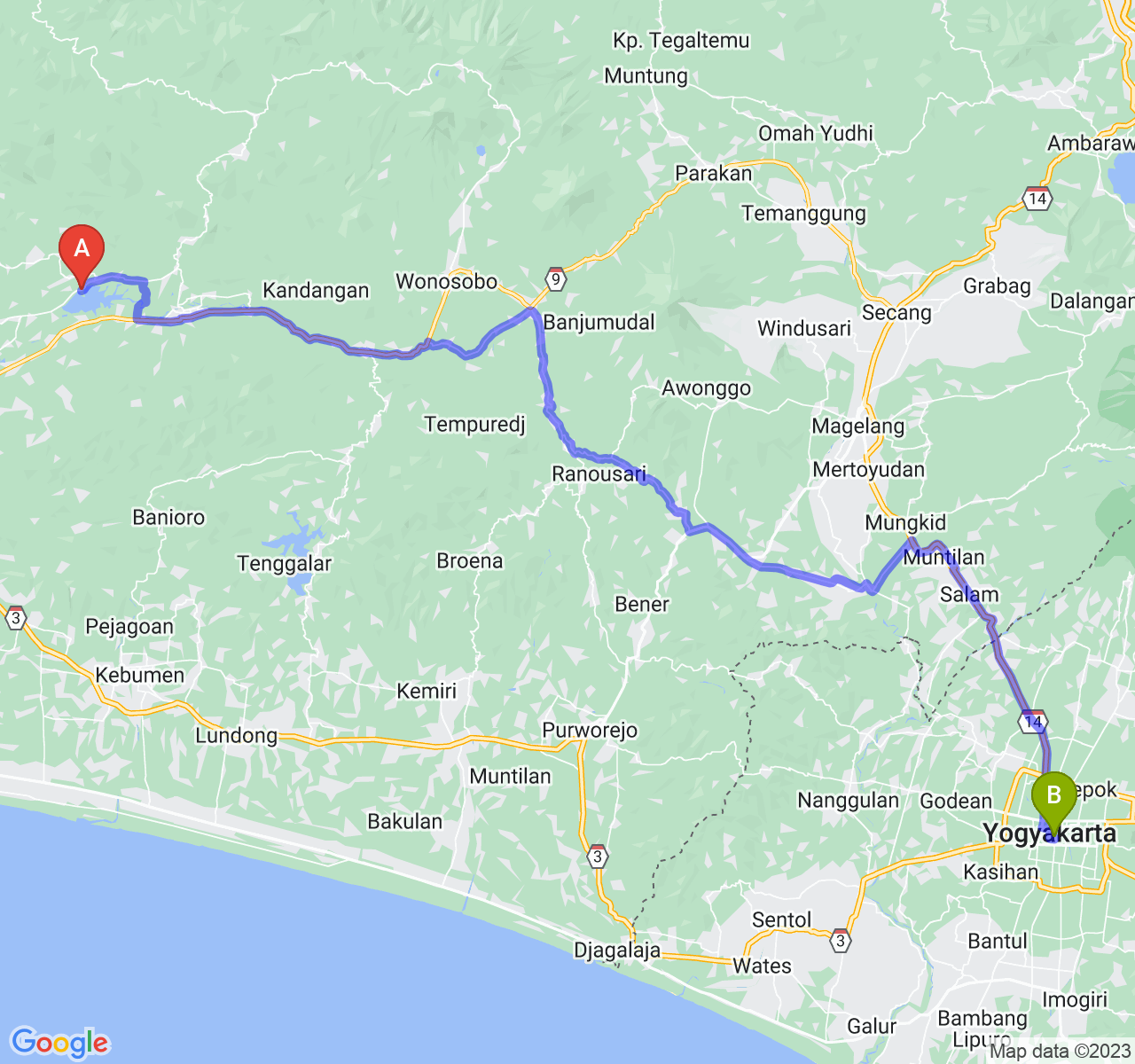 rute perjalanan Kab. Banjarnegara-Kota Yogyakarta